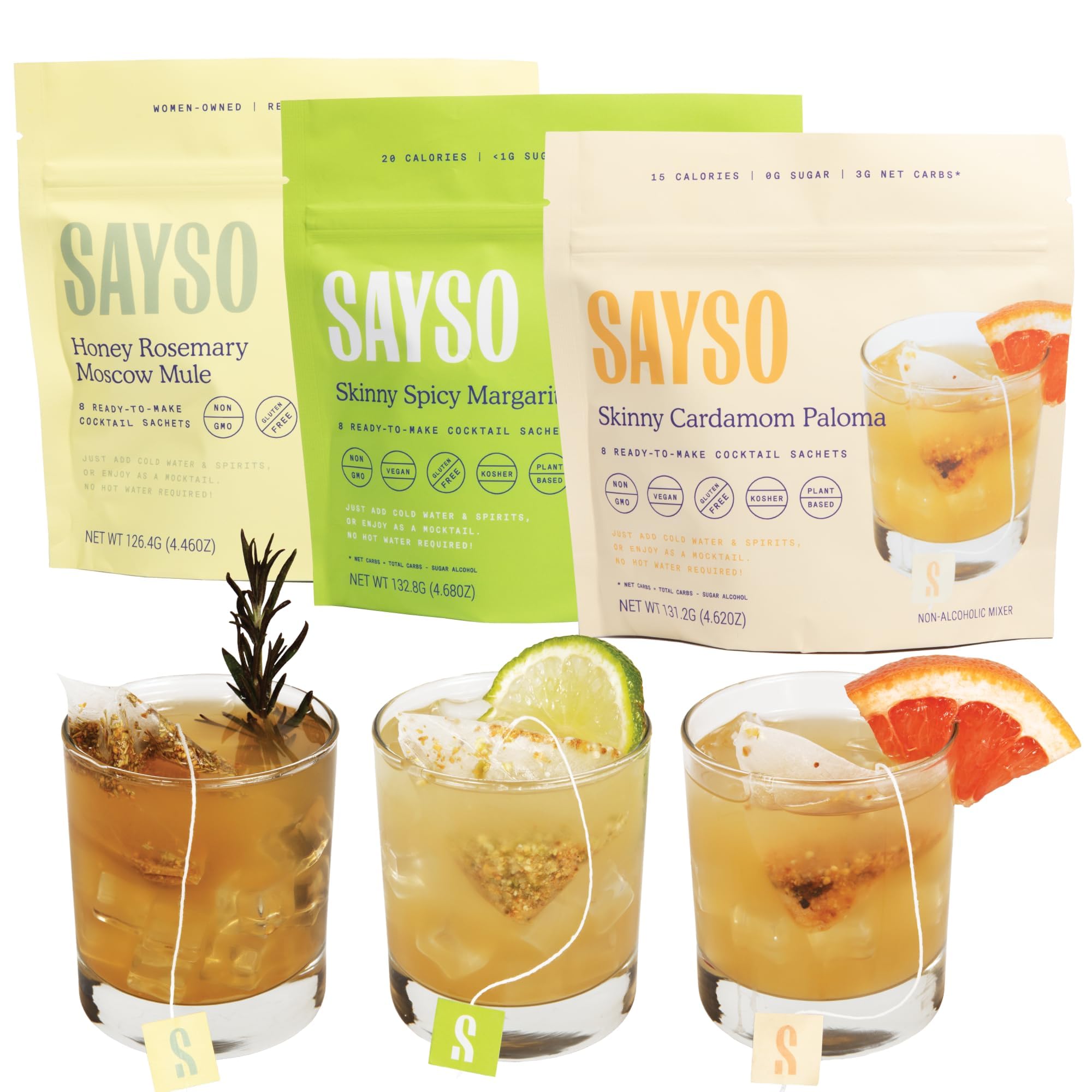 SAYSO Skinny Spicy Margarita, Honey Rosemary Moscow Mule & Skinny Cardamom Paloma Cocktail Tea Bags - Instant Cocktail or Mocktail Mixers - No Hot Water - Home Bar - Organic Ingredients, 3-Pack