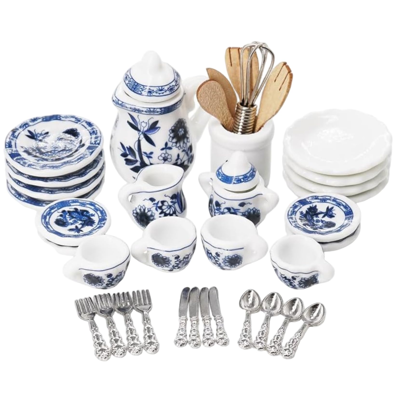17-Piece Ceramic Blue & White Mini Tea Cups Set, 1:12 Scale Dollhouse Miniatures Accessories