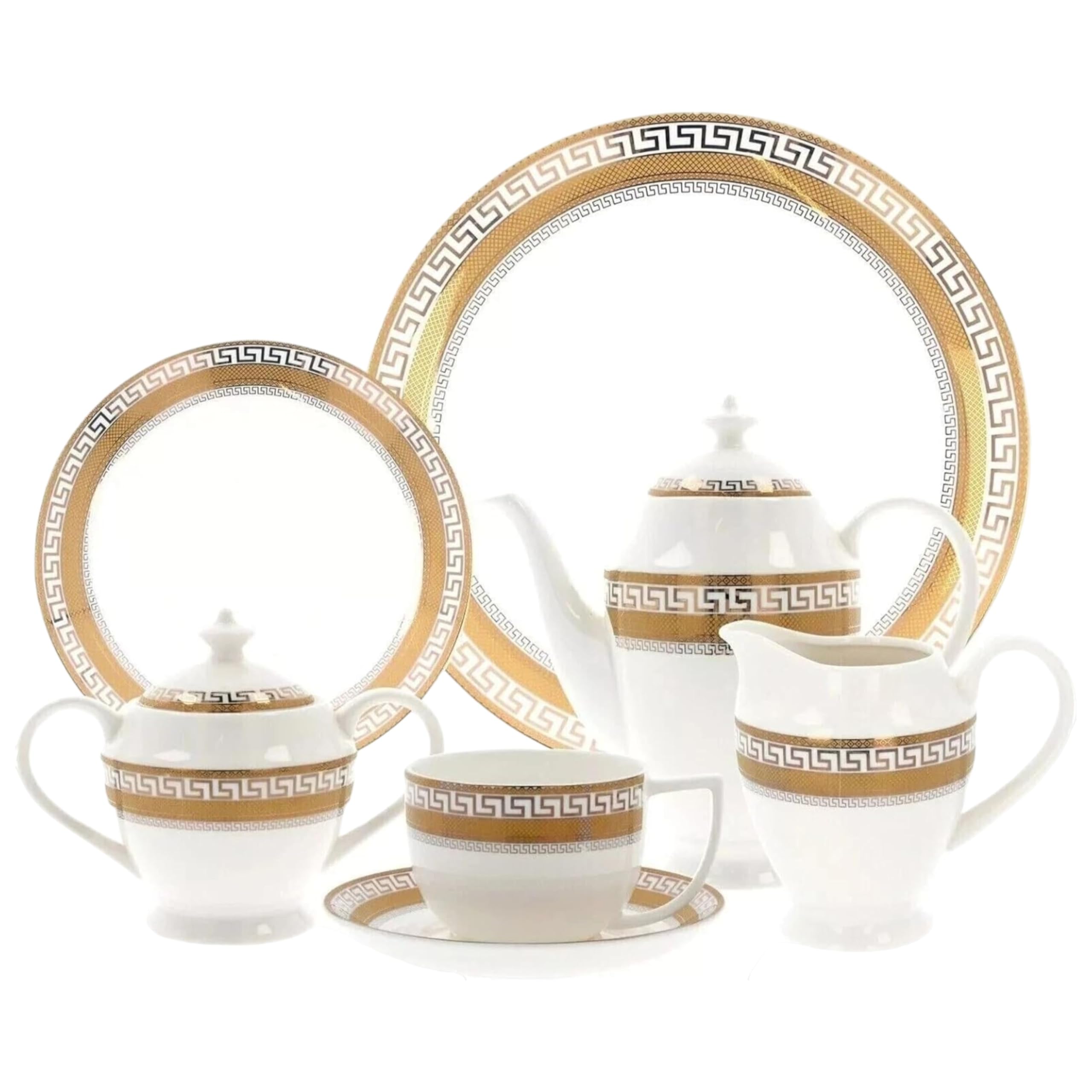 Reldor 24 Piece Bone China Tea Set for 6 – Gold Greek Key Design Cups and Saucers Set, Includes Teapot, Cups, Saucers, Dessert Plates, Sugar Pot & Creamer – Perfect for Christmas Gift