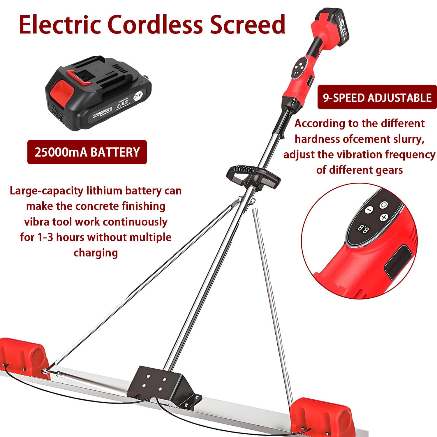 Regla vibratoria inalámbrica sin escobillas para Cemento y hormigón, con Motor sin escobillas, 3000-6000 RPM, 9 velocidades y Doble Motor, para construcción de Carreteras. 1.5m-1*Battery