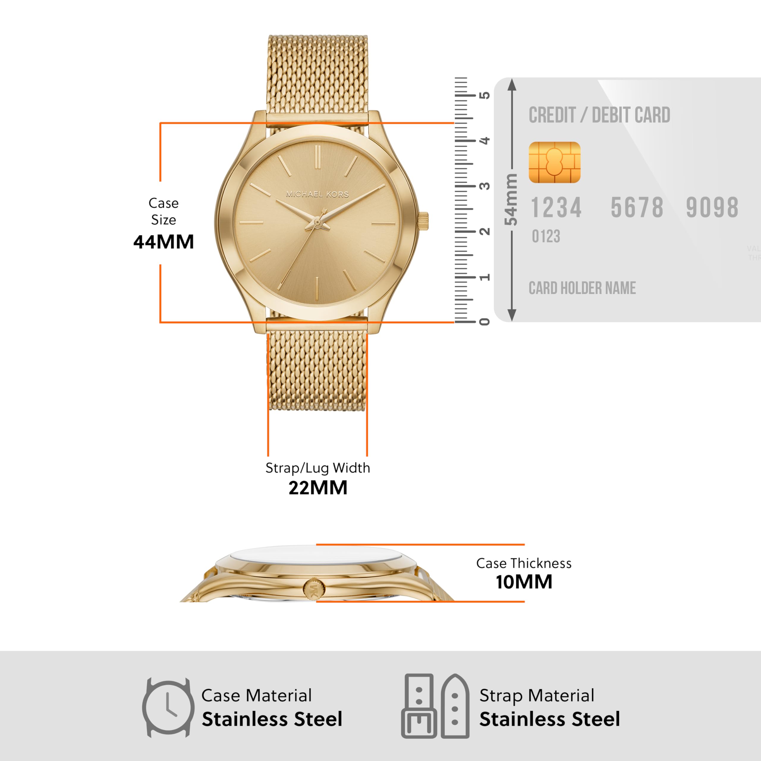 Michael Kors Orologio da uomo Slim Runway, misura cassa 44mm, movimento a tre lancette, cinturino in acciaio inossidabile