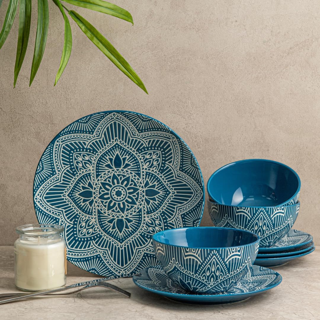 bzyoo12-Piece Ceramic Dinnerware Set: Unique La La Mandala Blue Premium Dish Set Design for Every Occasion - Microwave & Dishwasher Safe