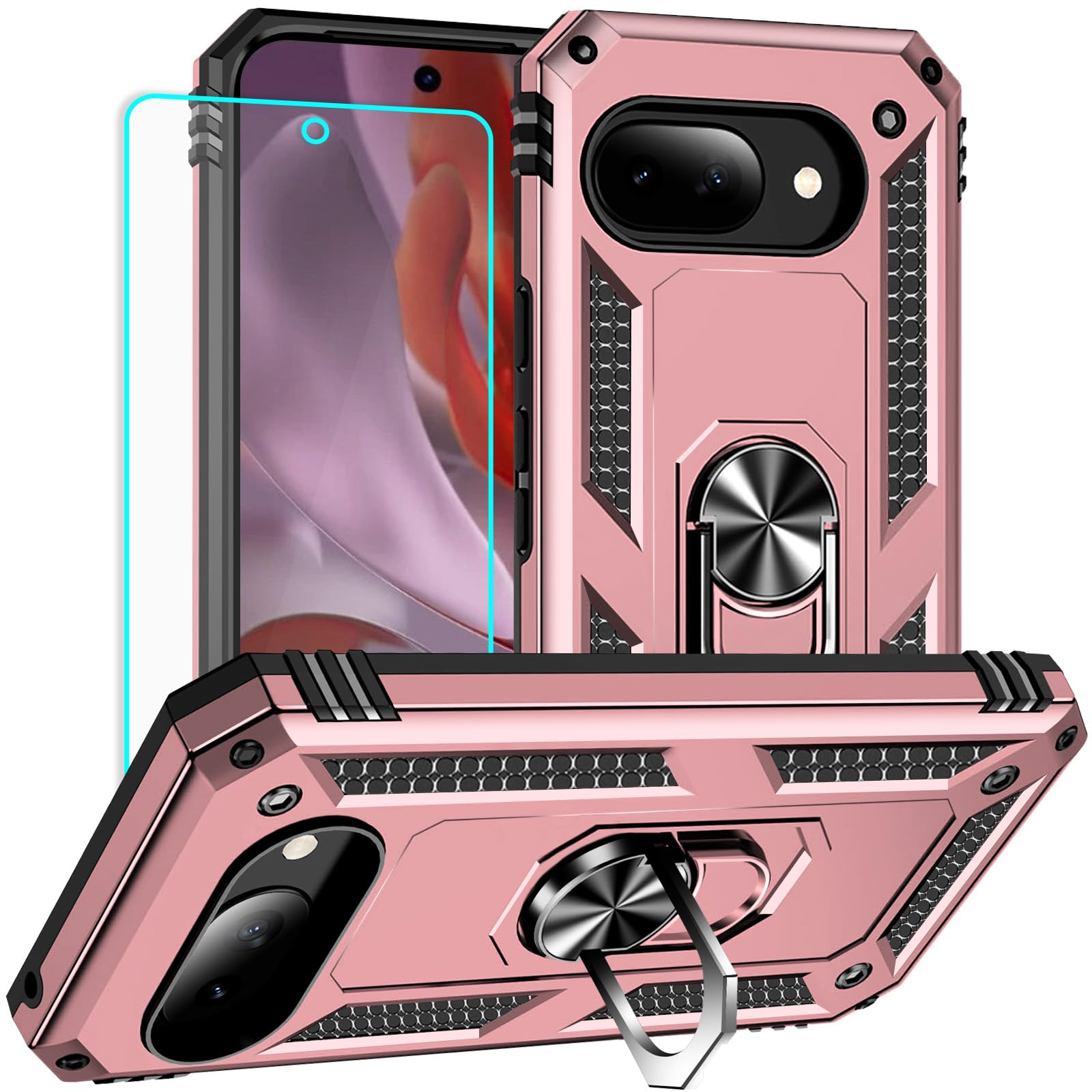 Yiakeng for Google Pixel 9A Case: with Screen Protector - Military Grade Protective Cases with Finger Ring Holder Kickstand for Pixel 9A(Rose Gold)