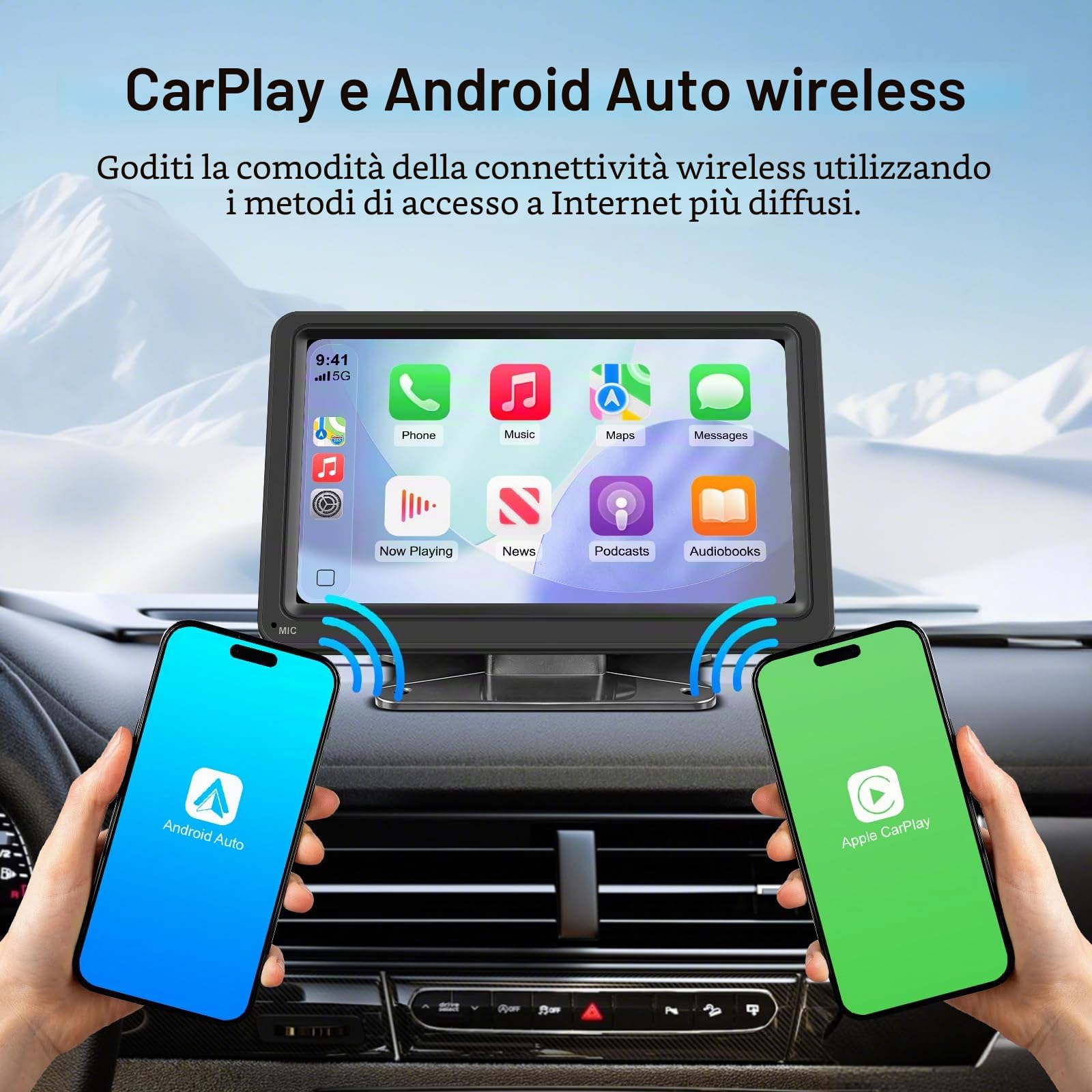 Display portatile CarPlay wireless 7" IPS per auto con Android Auto | Schermo touch IPS modalità giorno/notte Bluetooth trasmettitore FM AUX MirrorLink compatibile 12-24V e connessione