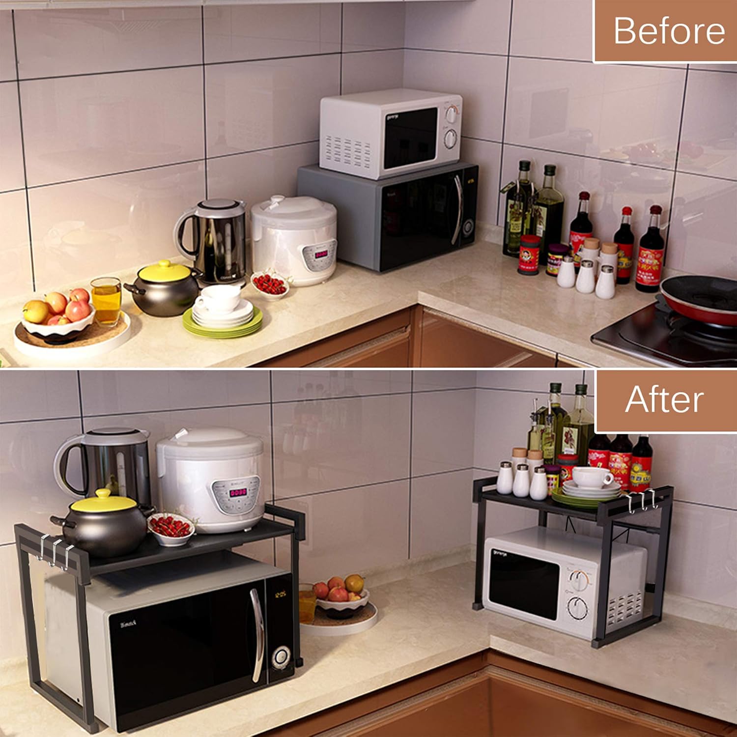 GEMITTO Expandable Microwave Oven Rack, Horizontal Extension Microwave Shelf Stand Kitchen Counter Top Organizer, 2-tier with 3 Hooks, 55lbs Load Bearing, 15.8~23.6"x14.2"x16.5" for Oven Toaster