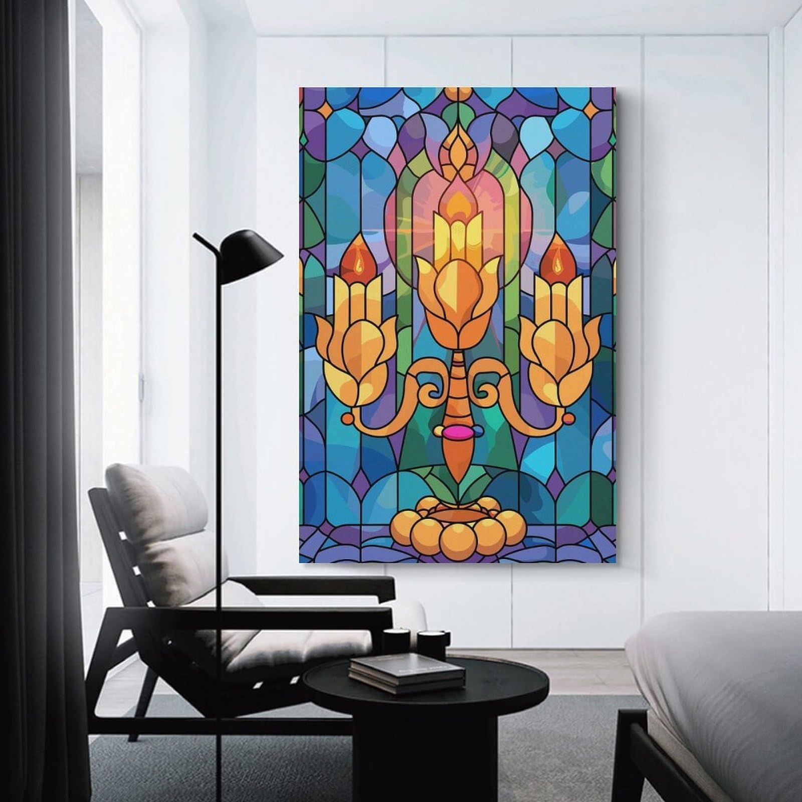 Junmoney Stained Glass Candelabra with Flames Home Decor Wall Art, 16x24inch(40x60cm), for Living Room, Bedroom Or Home Office, Home Decor Gift with Stylish Appeal