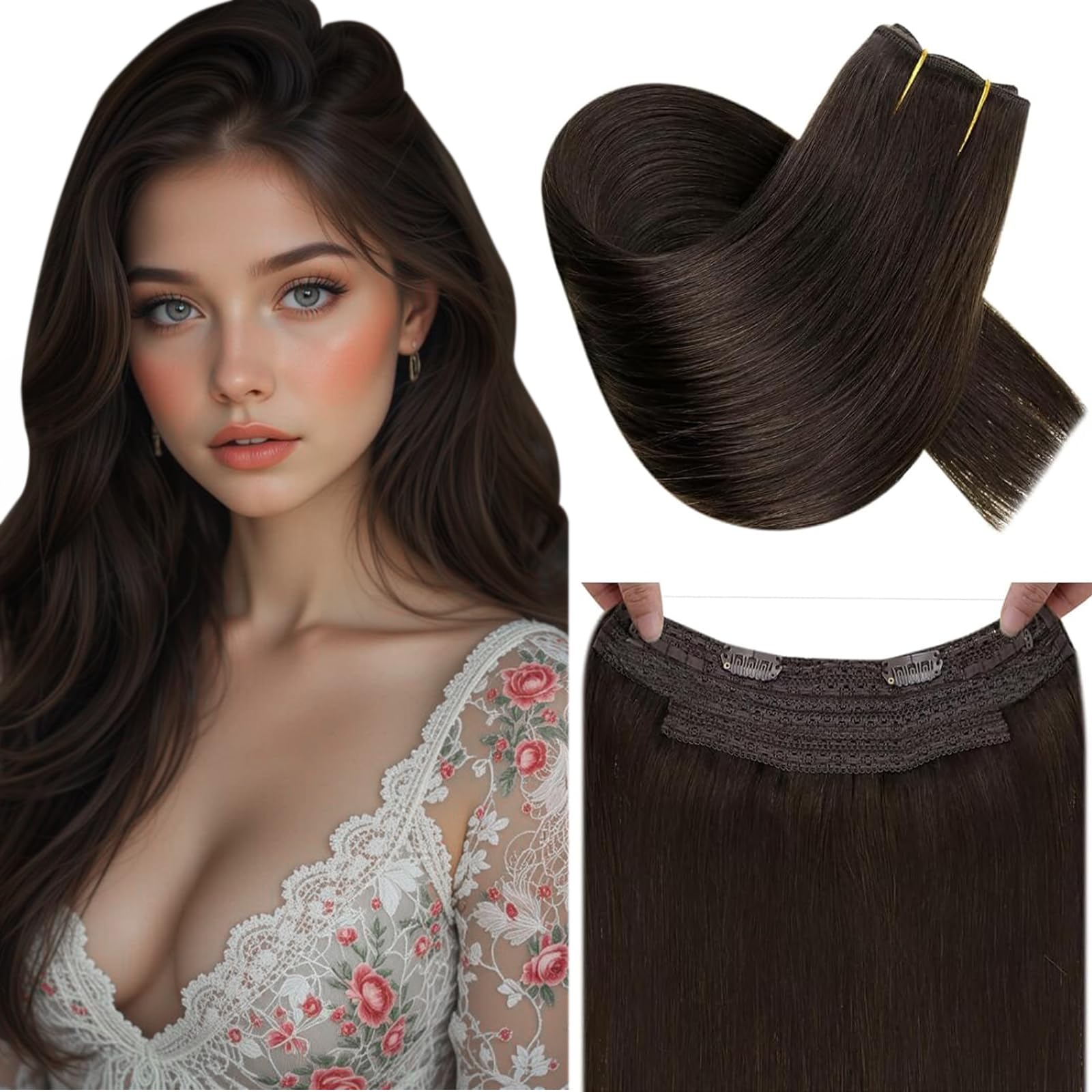 Extensiones con hilo invisible de pelo natural marrón oscuro de 20 pulgadas y 100g 8