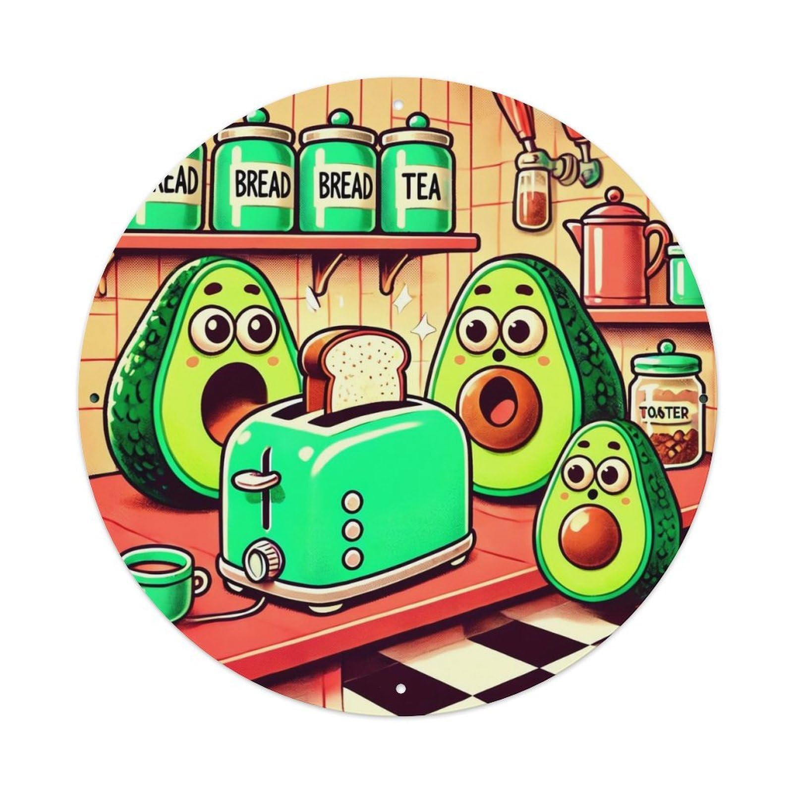 Iageret Vintage Avocado Toast Toaster Tea Bread Round Metal Tin Sign Wall Decor, Bar Garage Cafe Kitchen Home Wall Art Poster 8X8inches