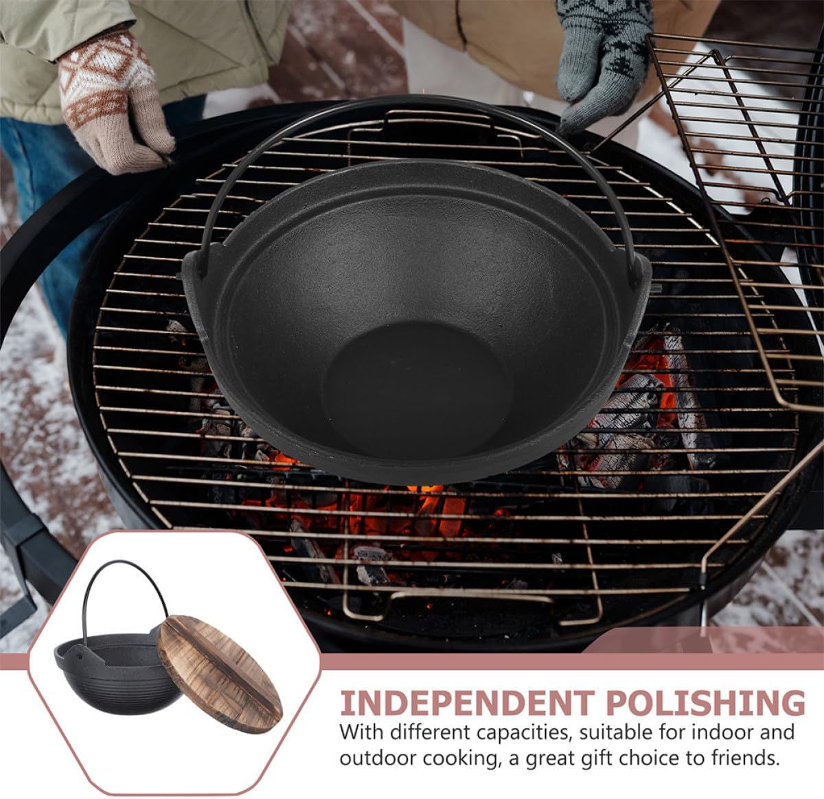 Cast Iron Sukiyaki Pot with Wooden Lid 20Cm Japanese Style Hanging Hot Pot Outdoor Cooking for Camping and Hiking