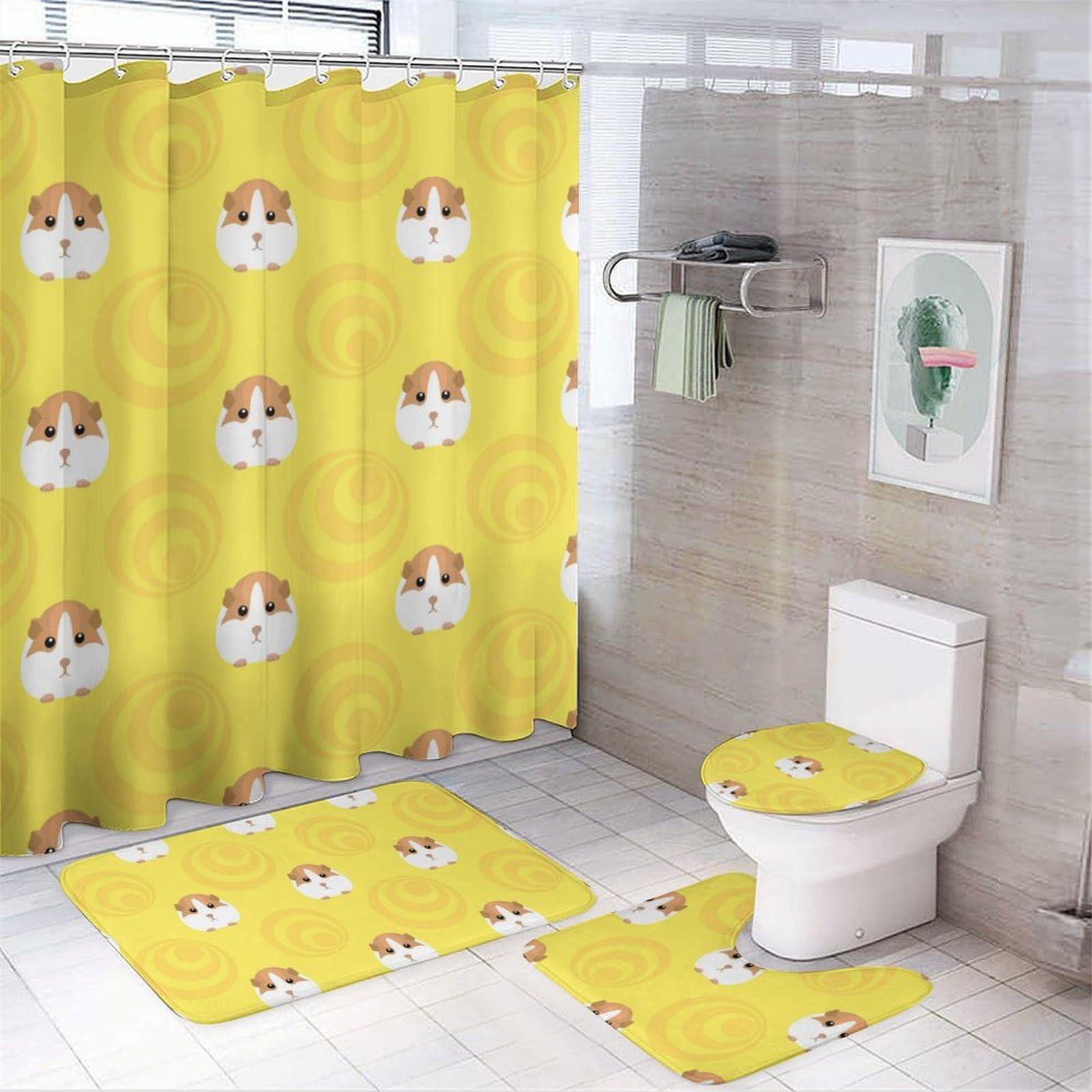 Rideau de douche cochon d'Inde imperméable et tapis de bain antidérapant jaune