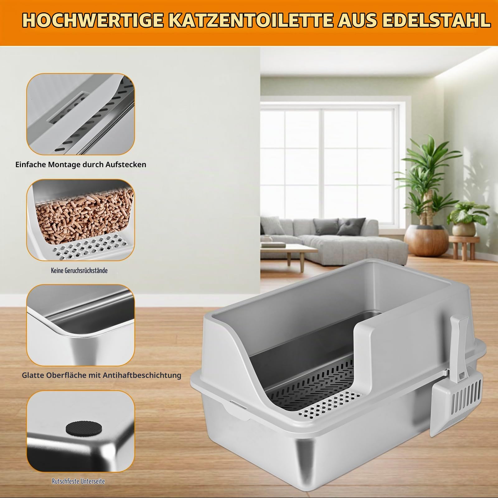 Homegroove Edelstahl-Katzenstreukasten für Kiefernpellets, 60 x 40 x 20 cm, hoher Rand, Metall-Katzenstreukasten mit Deckel für Wohnungskatzen, mit Kunststoffschaufel und 10 Urinpads (8 Inch)