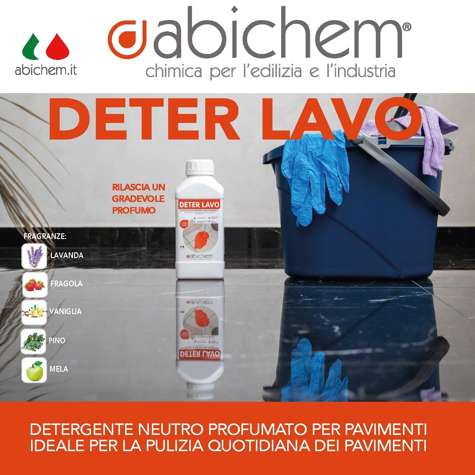 ABICHEM DETER LAVO Mela 10L – Detergente Neutro Profumato | per la Pulizia Quotidiana di Pavimenti in Cotto, Gres, Ceramica, Legno, Marmo – Non Richiede Risciacquo, Made in Italy