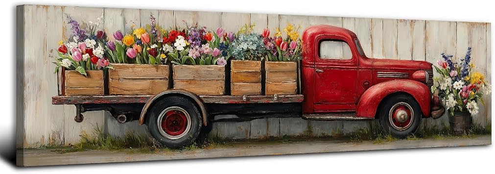 Vintage Flower Market Wall Art Farmhouse Picture Truck Wall Decor for Kitchen Living Room 14x48", Retro Country Car Poster Canvas Prints Colorful Tulip Floral Painting Artwork Home Decorations