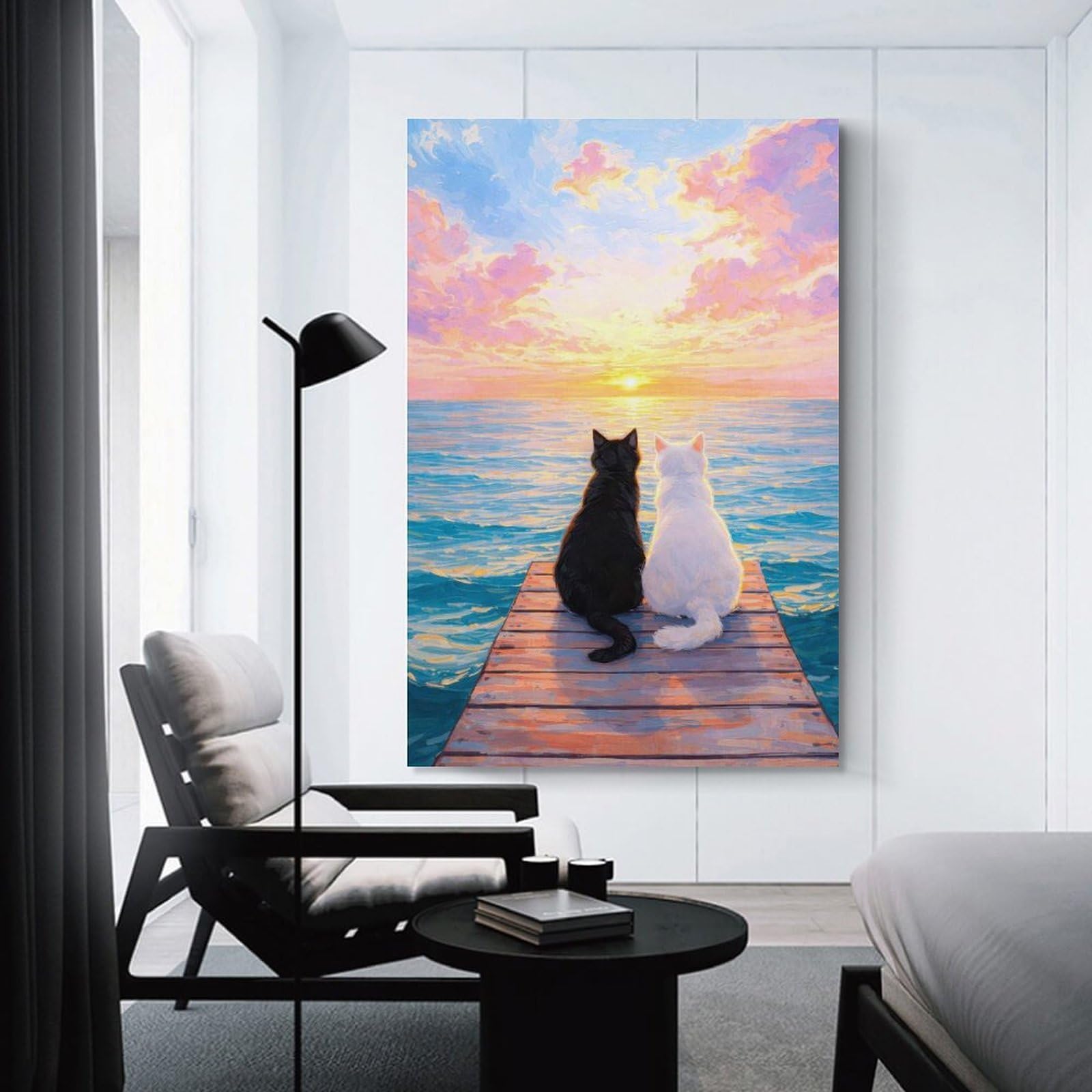 Junmoney Two Cats Watching A Sunset Wall Art Print, 16x24inch(40x60cm), for Study, Office Or Focused Interiors, Home Office Artwork with Decorative Appeal