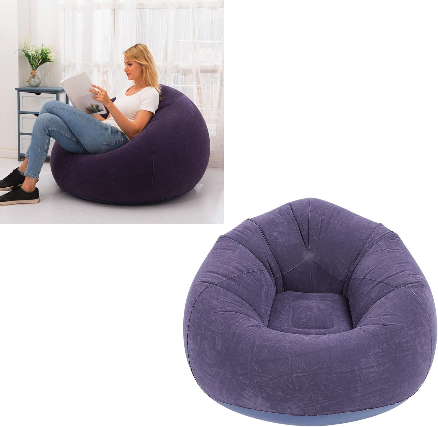Fdit Portable Folding Inflatable Lounge Chair Sofa with Flocking PVC, Lightweight Blow Up Design for Travel, Living Room, Bedroom, Balcony & Office (Dark Blue)