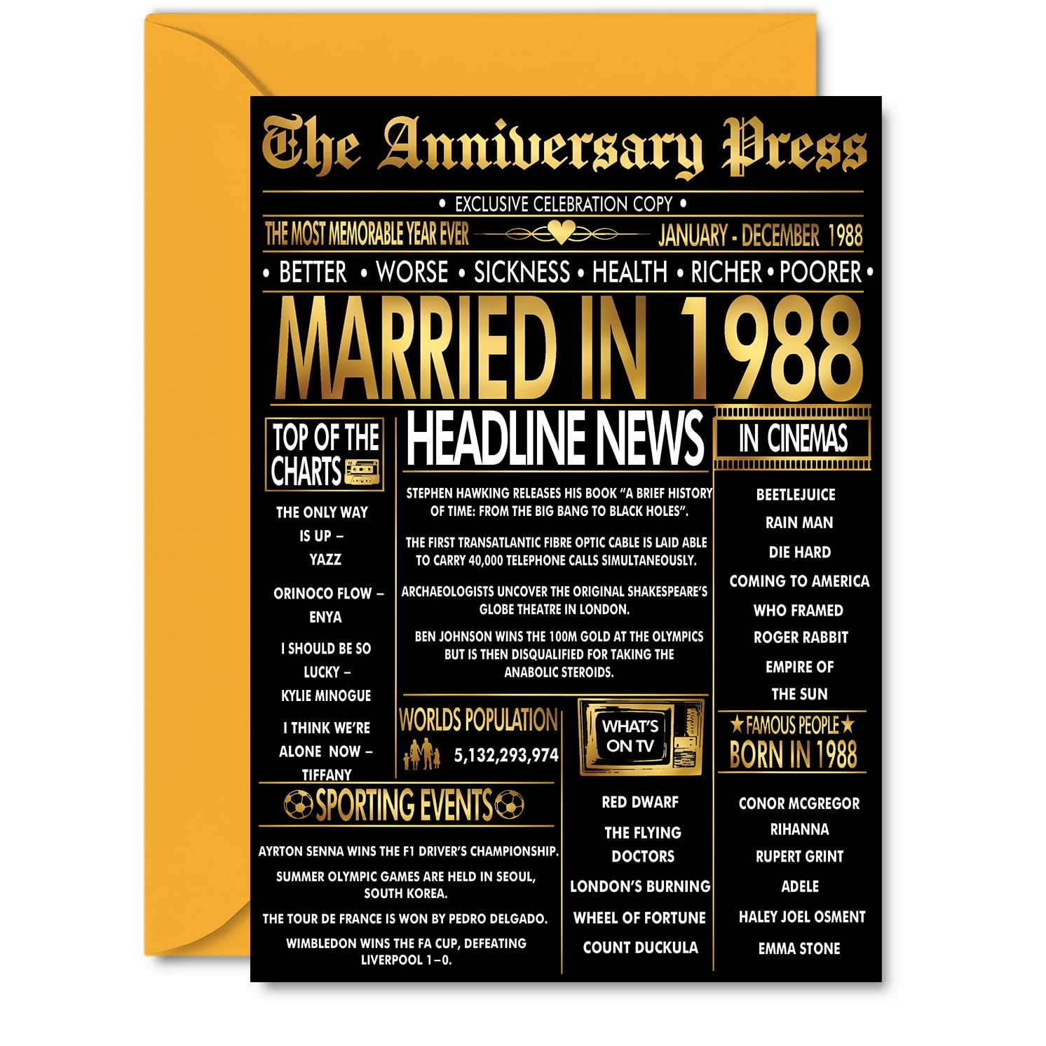 Gold 38th Anniversary Card for Men Women - Golden Newspaper Married in 1988-38 Year Wedding Anniversary Card for Companion Husband Partner Wife, A5 Anniversaries Greeting Cards