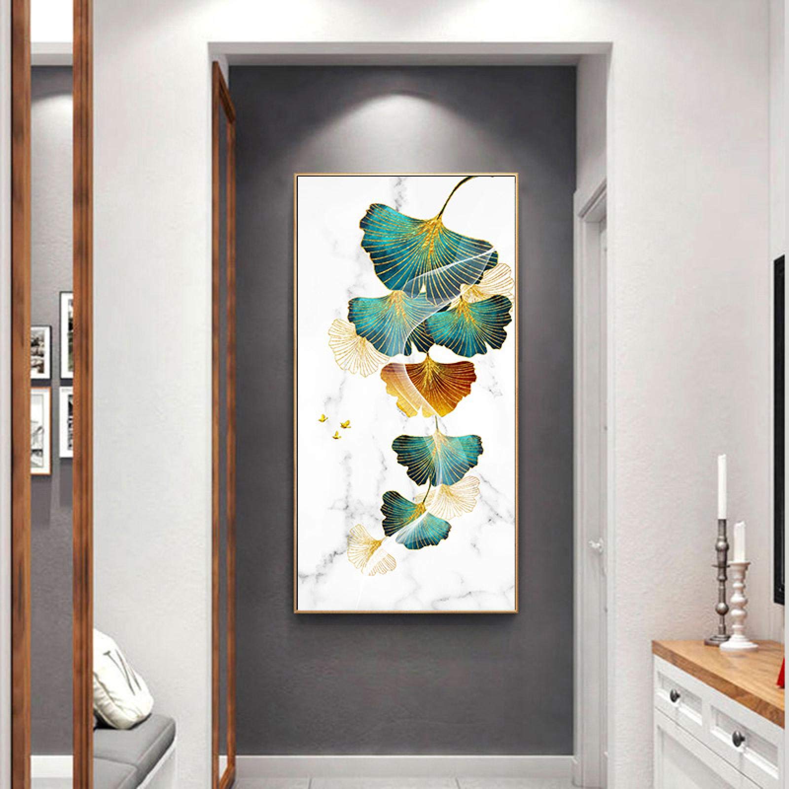 Arte de la pared de la hoja verde grande abstracto moderno Pintura de la lona Textura de mármol Carteles nórdicos e impresiones Imagen Decoración de la habitación 60x120cm (24''x47'') Marco interior