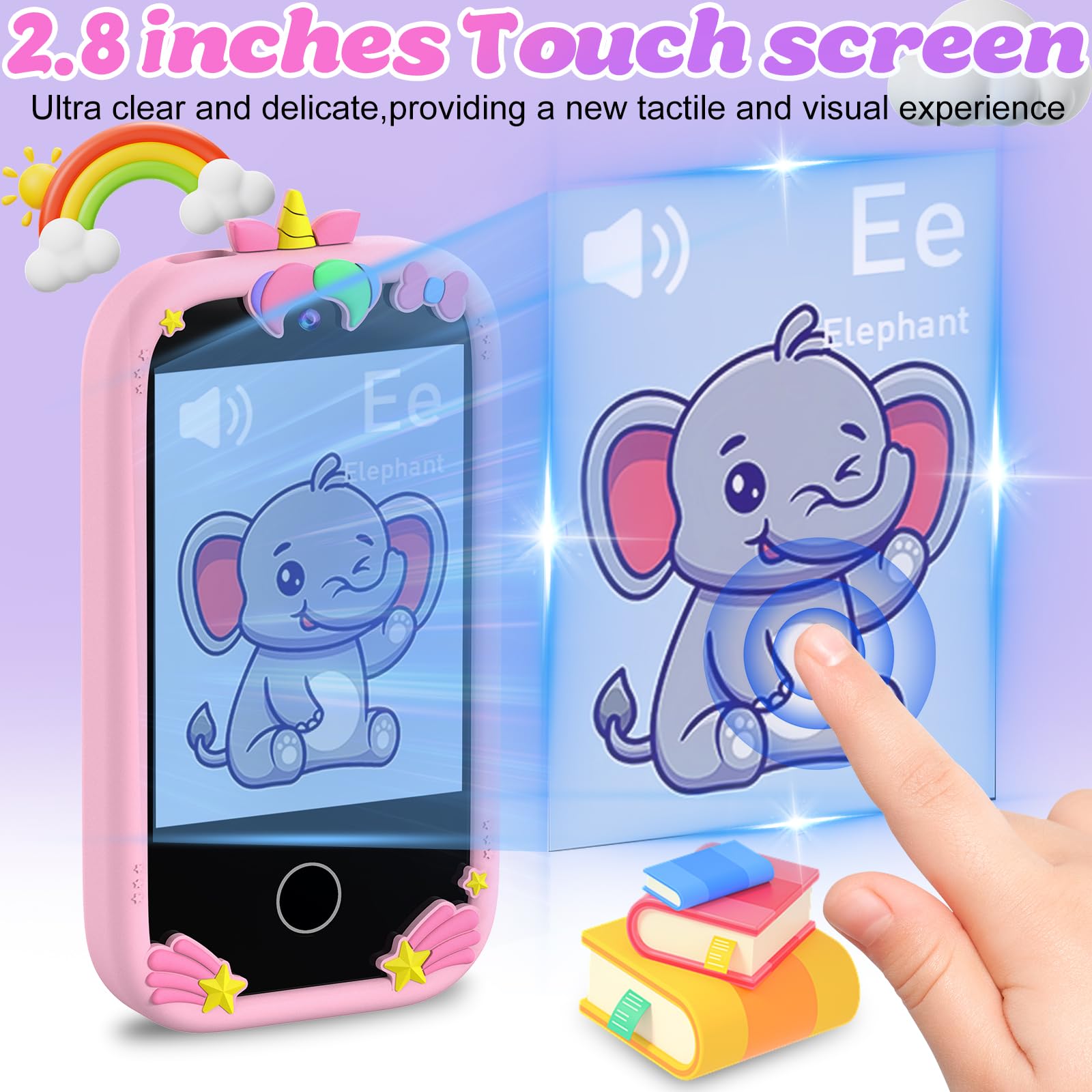 Telephone Portable pour Enfants, Smartphone Enfant Jouets avec Double Caméra, Téléphone Licornes 2,8 Pouces avec Carte SD de 32 Go et Musique Livre Audio 18 Jeux, Cadeau pour Enfant 3-10 Ans