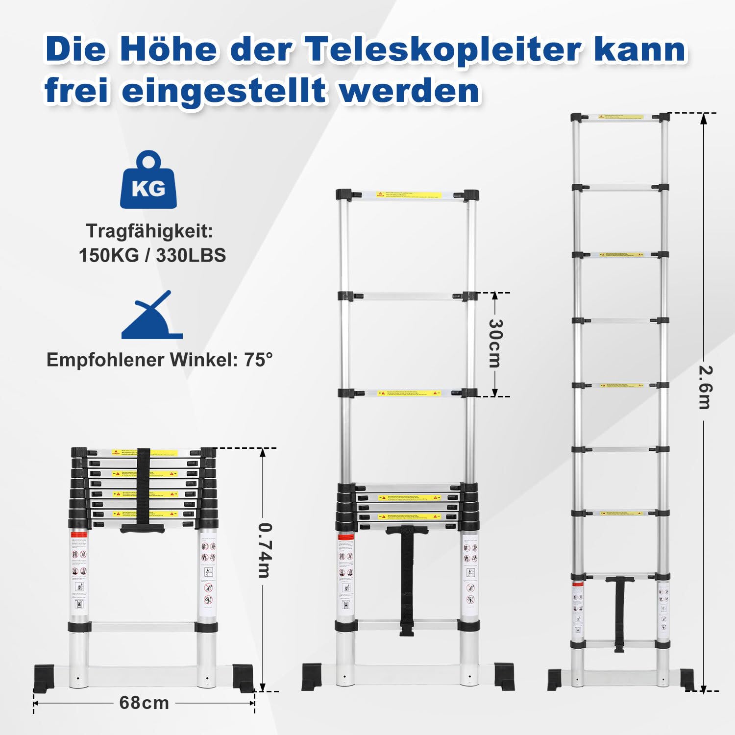 Drabina teleskopowa, 2,6 m, aluminiowa drabina wysuwana ze stabilizatorem, obciążenie 150 kg, antypoślizgowa drabina aluminiowa, drabina stojąca, wielofunkcyjna drabina na strych, do biura