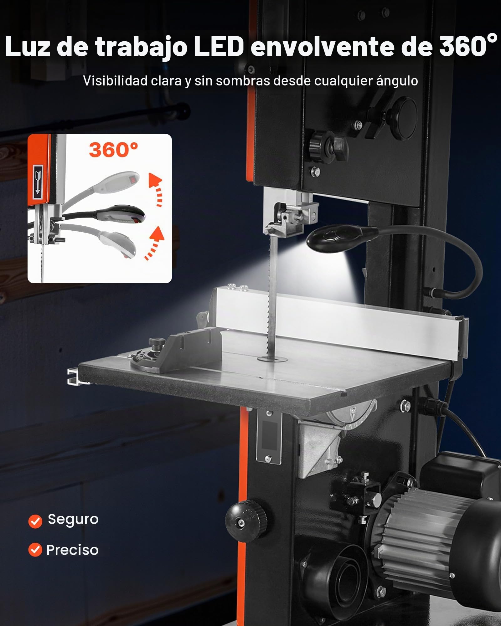 VEVOR Sierra de Cinta, Ancho de Corte de 254 mm, 2 Velocidades, Motor de 373 W, Altura de Corte de 160 mm, Mesa de Hierro Fundido de 335 x 340 mm, Luz de Trabajo de 360 Grados, para Carpintería