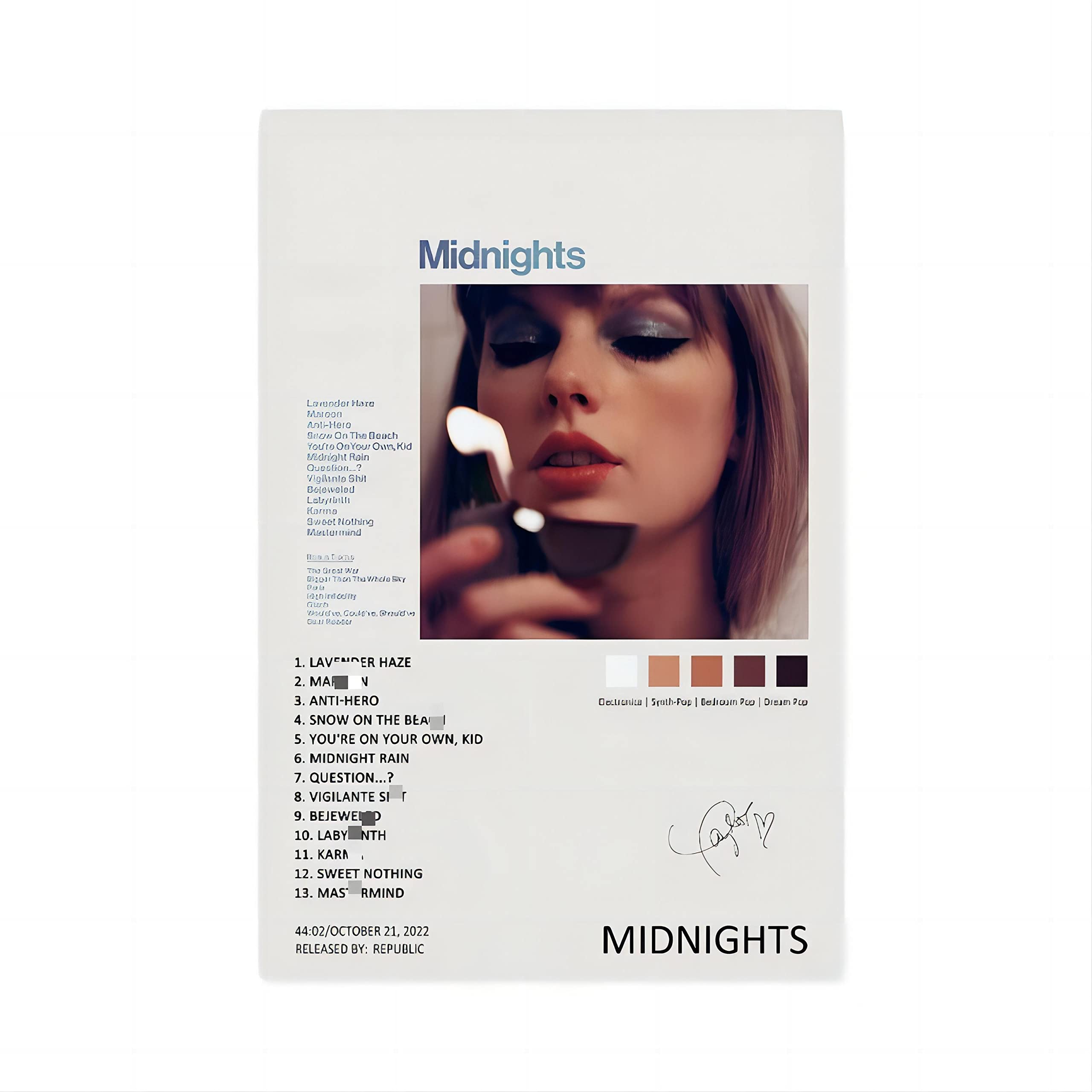 YTGMO Midnights Music Album Cover Signed Limited Poster Canvas Poster Wall Art Decor Print Picture Paintings for Living Room Bedroom Decoration Unframe:12x18inch(30x45cm)