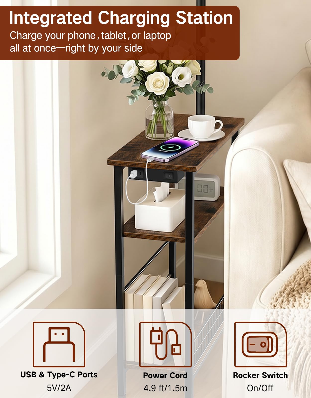 Lampadaire avec Table et Ports USB-A/USB-C