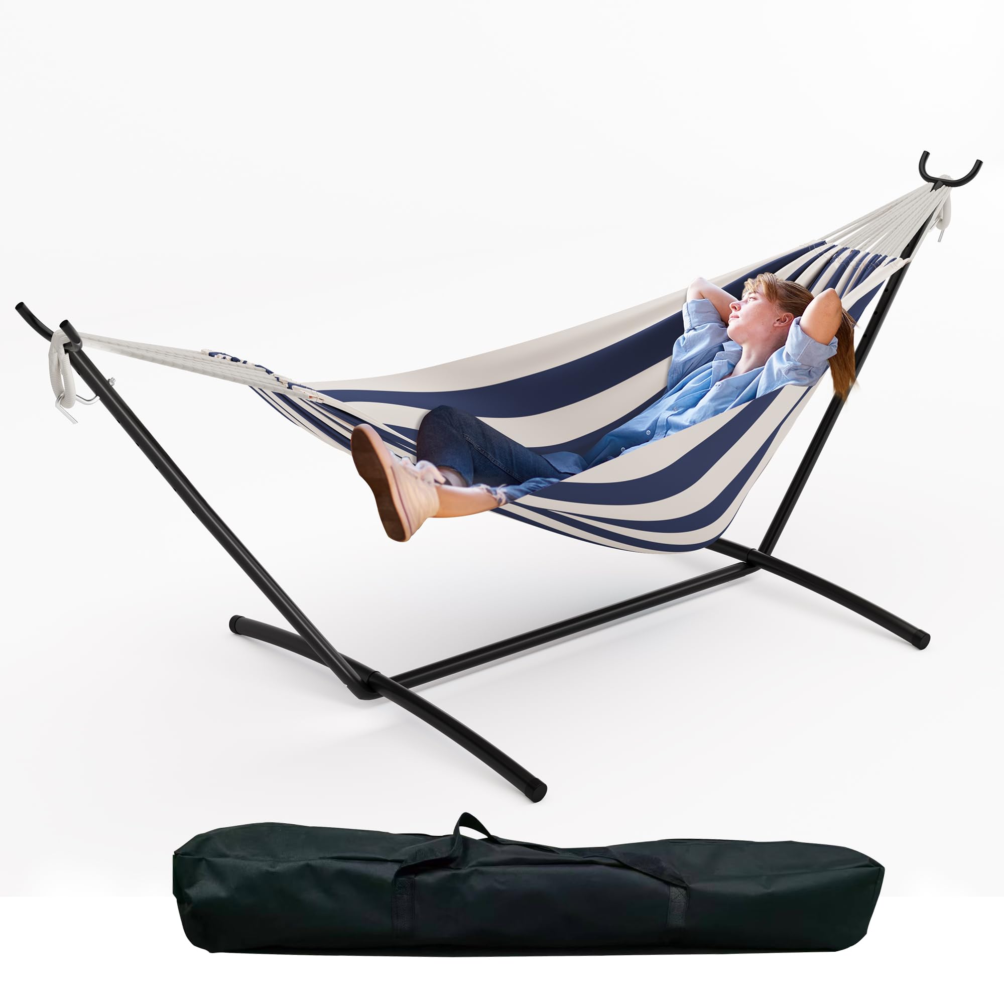 Hamaca con Soporte de Acero para 2 Personas, Hamaca Autoportante, Capacidad de Carga 204 kg, para Jardín, Terraza y Balcón, 279,4 x 100 x 106,7 cm, Rayas Azul/Blanco