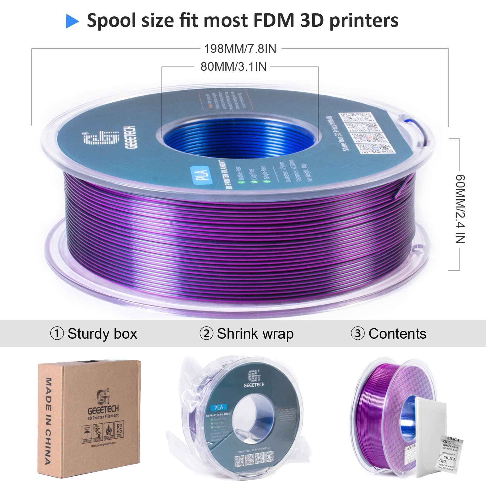 GEEETECH Tricolor Silk PLA filament 1,75 mm, filament do drukarki 3D, 1 kg, jedwabny, niebieski, fioletowy, czarny