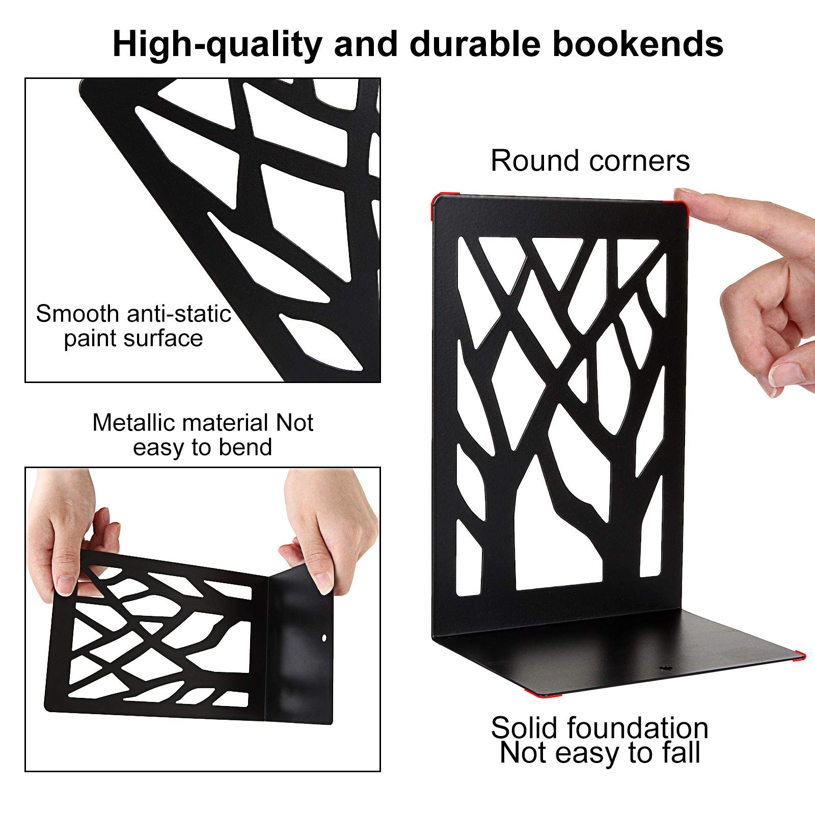 AHUNTTER Metal Bookends 3 Pair Tree Unique Design Book Ends Black Heavy Duty Book End Holder for Shelves Office & School Decorative - Image 4