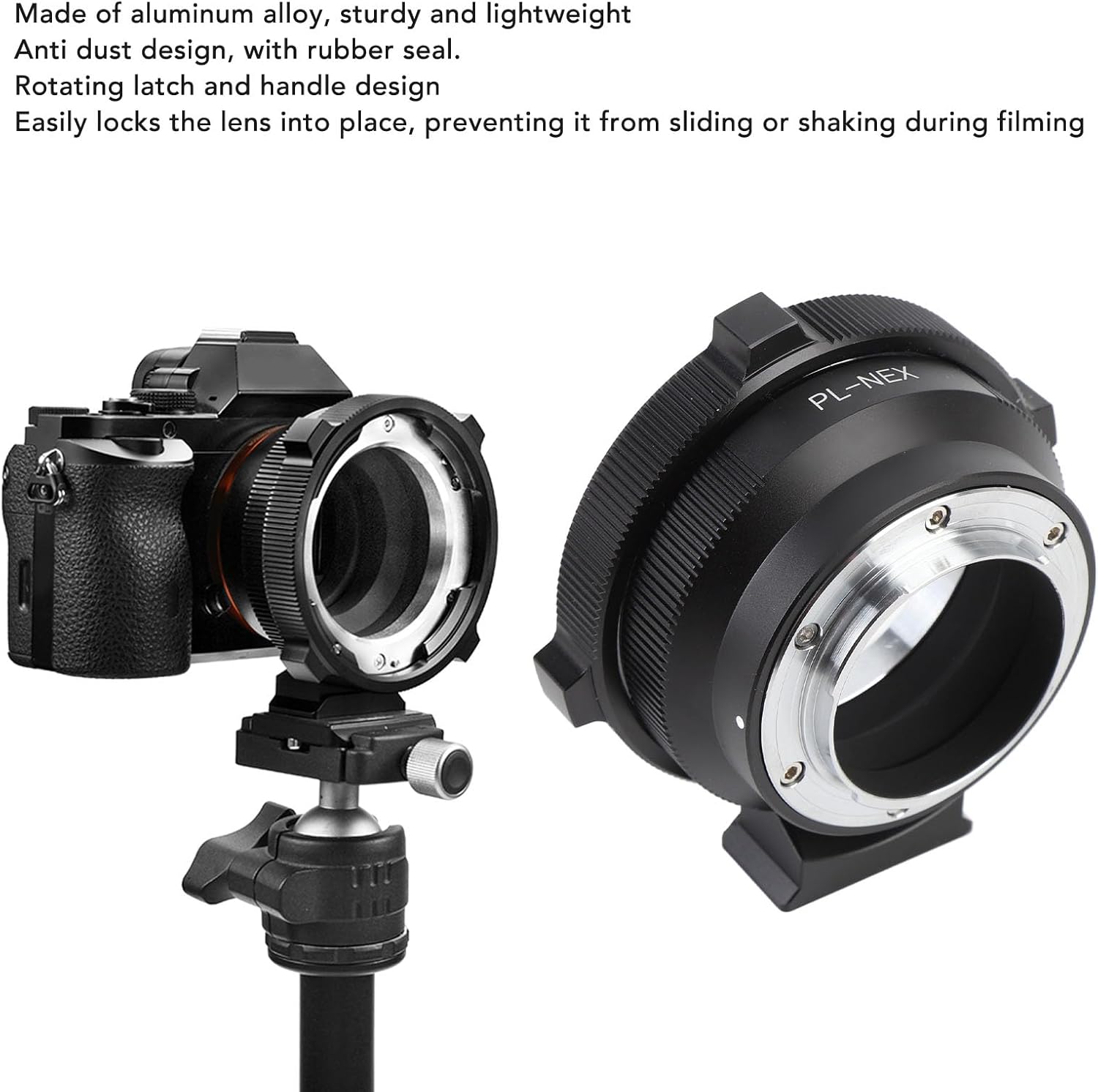 Akozon PL to E Mount Lens Adapter with tripod mount attached to a camera