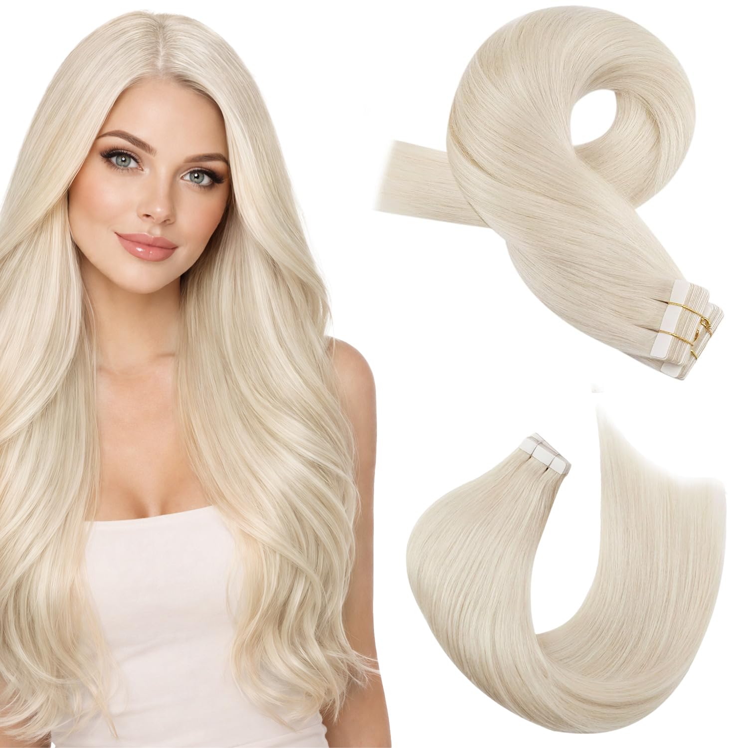 Moresoo Tape in Hair Extensions Real Human Hair Short Blonde Tape ins Extensions Remy Invisible Human Hair Extensions Tape in #60A 20 Pieces 22 inch