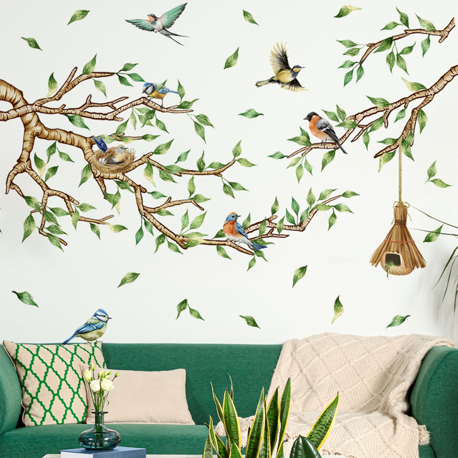 2 Piezas Aves en Rama Árbol Adhesivos Pared Plantas Colgantes Flores Pájaros Adhesivos para Salón, Dormitorio, Comedor, Decoración de Paredes