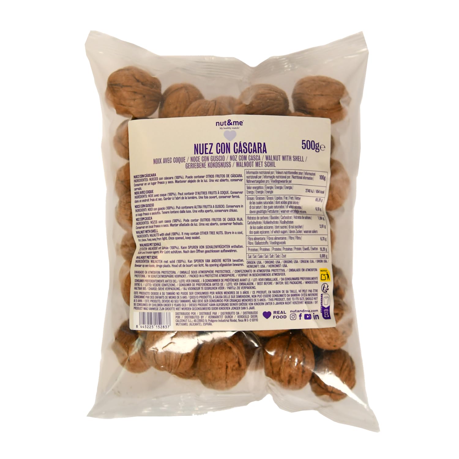nut&me Nueces con Cáscara 500g | Alto contenido en Omega 3 | Ricas en Antioxidantes | Sin gluten | Snack 100% natural | Sin conservantes