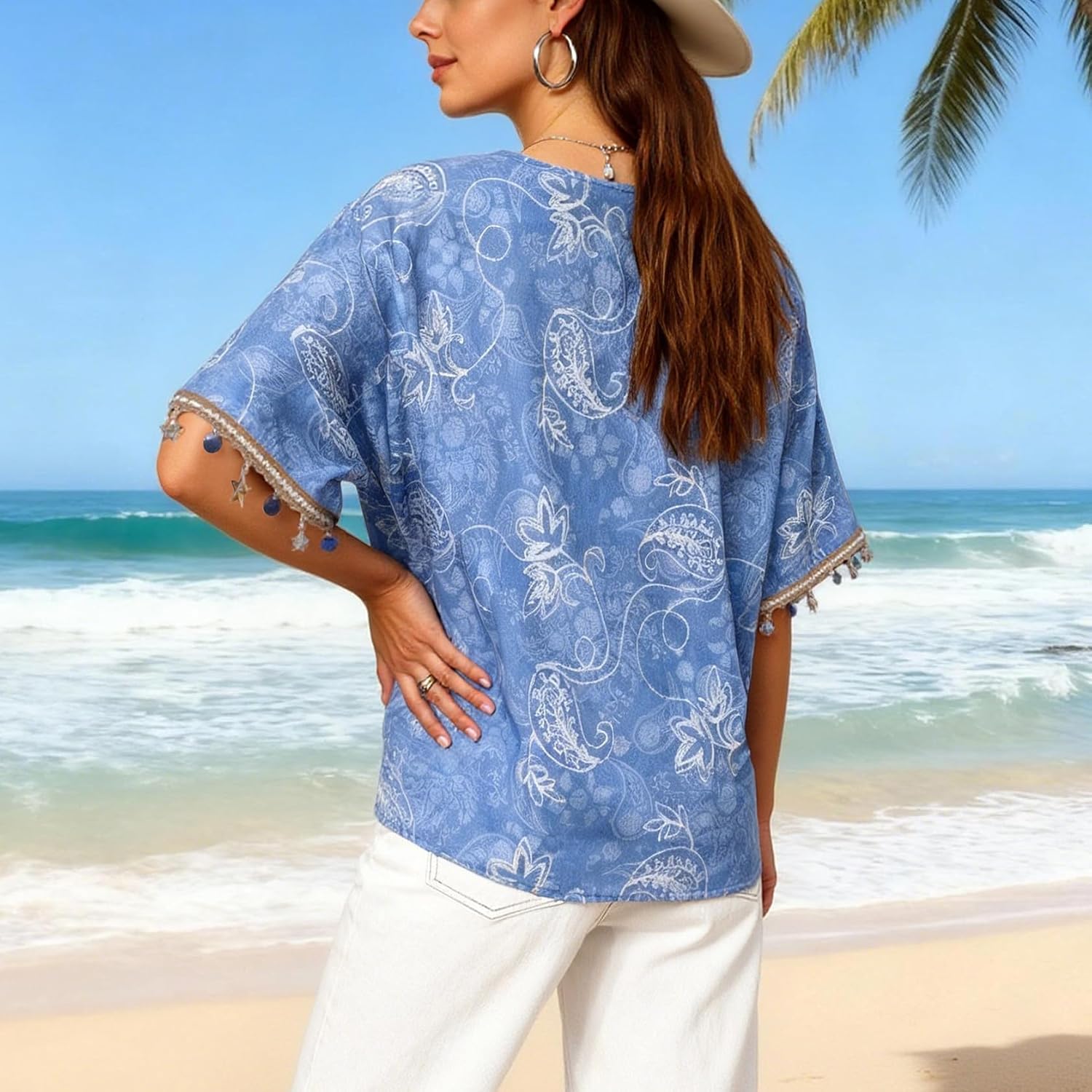 Boho Floral Tops for Women V Neck Peasant Blouse Summer Floral Print Dressy Short Sleeve Tunic image 3