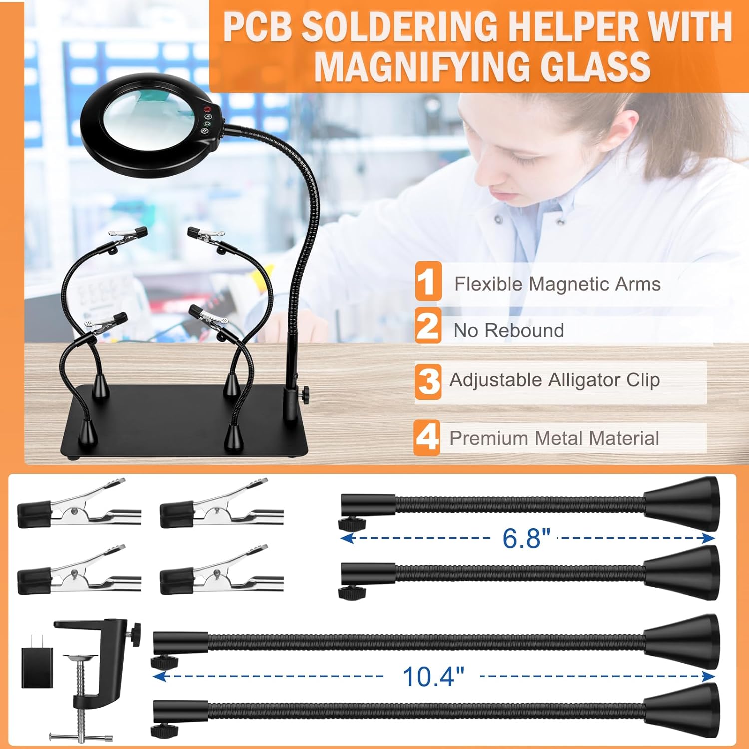 Soldering Helping Hands 10X Magnifying Glass with light and Stand PCB Holder, Drdefi Soldering Station Third Hand Tools Magnifier with Thickening Alligator Clip Large Magnetic Base for Repairing