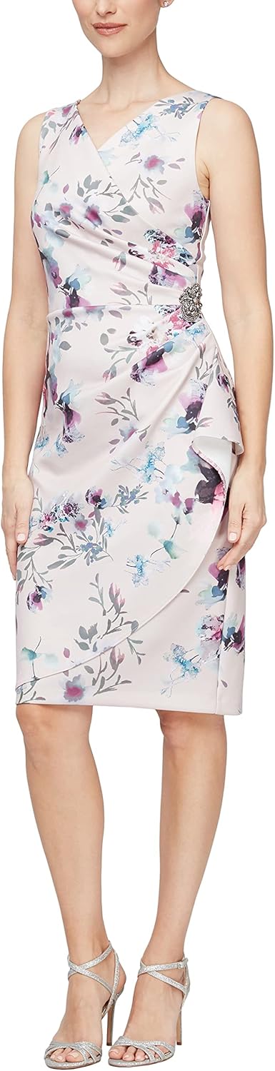 Alex Evenings Women's Short Crepe Cocktail Dress with Side Ruched Waist, Wedding Guest (Petite and Regular Sizes)