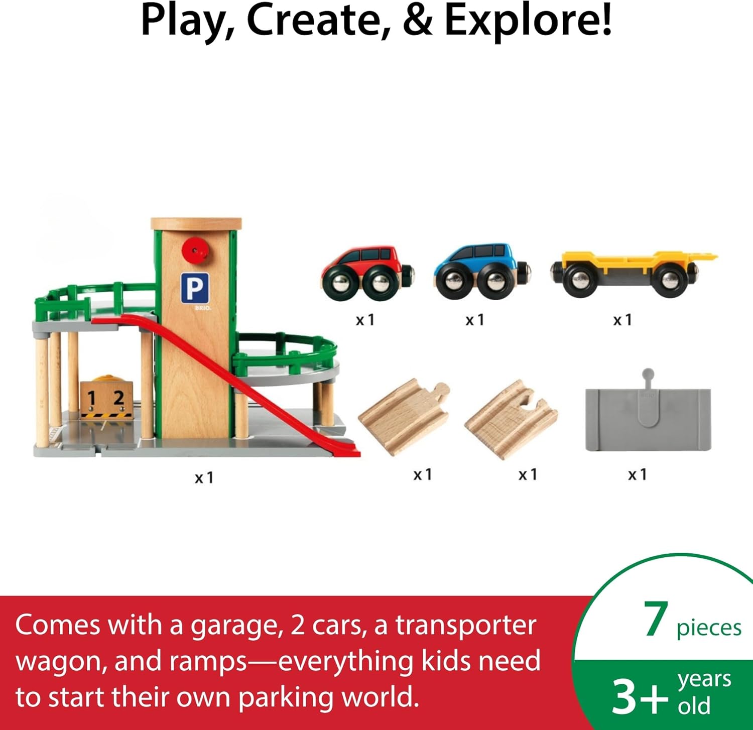 Contents of the BRIO World Parking Garage box, showing the garage, two cars, a transporter wagon, and three ramp spor.