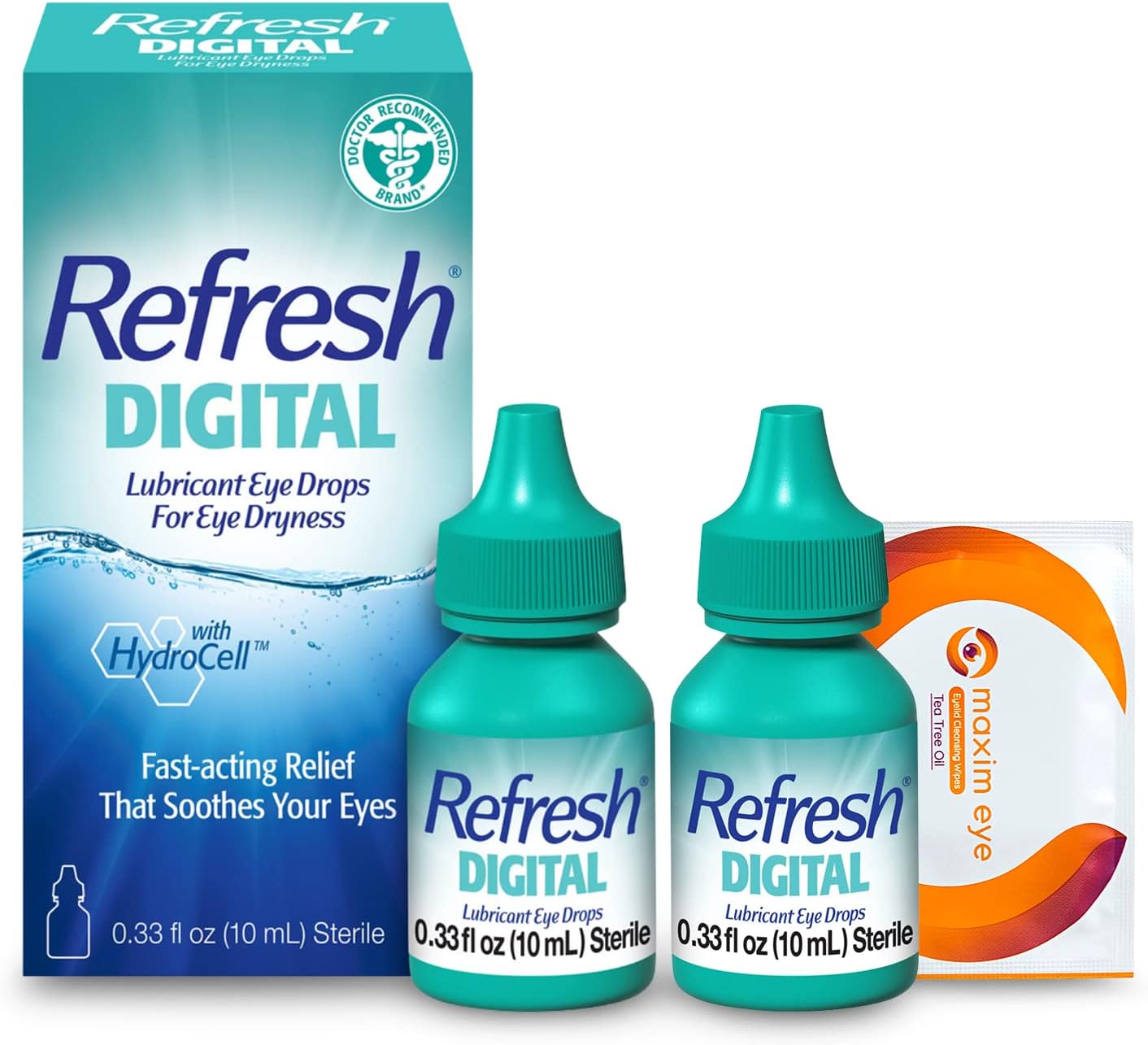 Maxim EyeDigital Drops, 2 Bottles of 0.33 Fl Oz Sterile (Total 20 ml), Bundled with 1 Reusable Anti Fog Cloth for glasses,