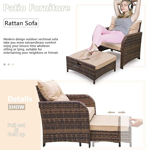 Miniatura 3 de Sillas de patio al aire libre de 5 piezas con otomanas, muebles de mimbre de polietileno para exteriores con reposapiés, juego de muebles de porche