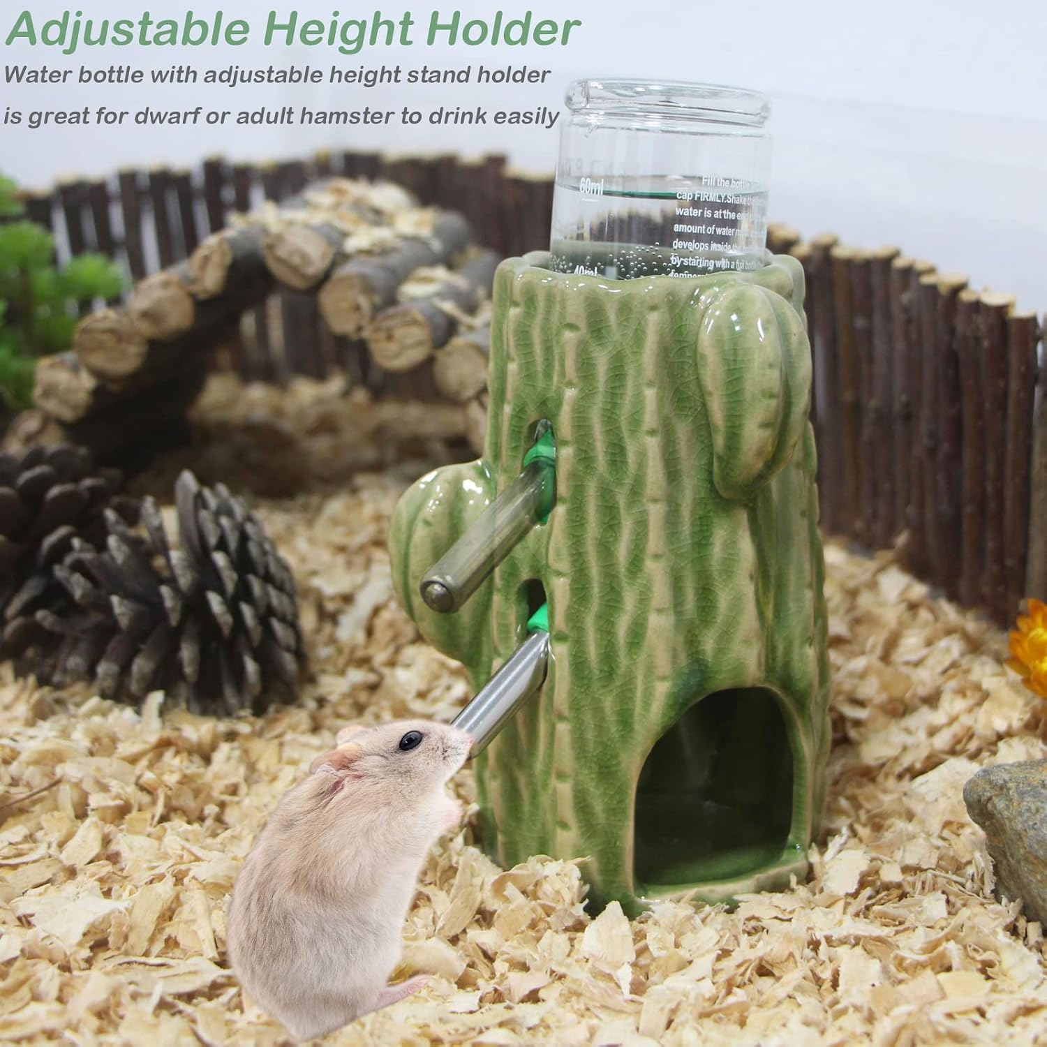 Adjustable No-Drip Hamster Water Bottle with Stand for Glass Tank | 80ML No-Drip Water Dispenser,2 in 1 Drinking & Hideout Design for Glass Hamster Tank for Hamster, Gerbil & Small Pet