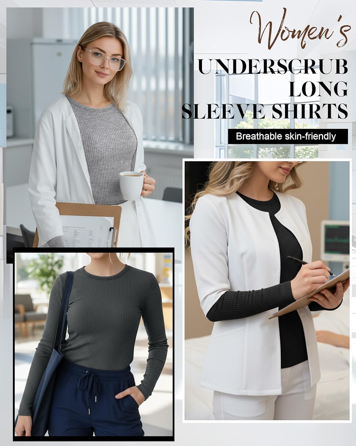 4 Pack Women's Underscrub Shirts Long Sleeve Ribbed Crewneck Tops Slim Fit Soft Cotton Undershirts for Nurse - Image 2