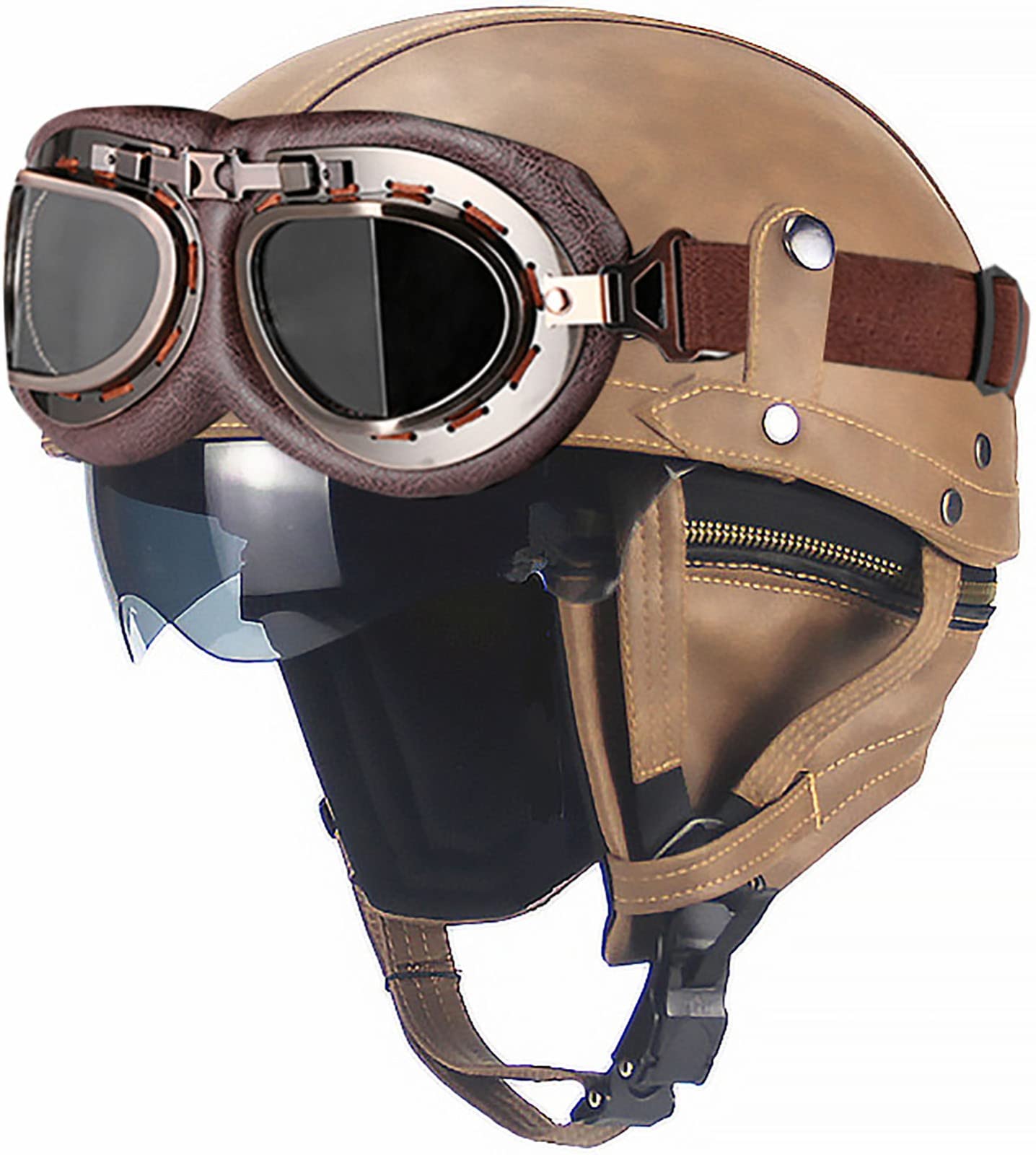 Medio Casco Motocicleta Vintage Medio Casco Cuero Casco Motocicleta con Gafas Personalizadas Orejeras Extraíbles Casco Scooter Aprobado por Dot/ECE Unisex
