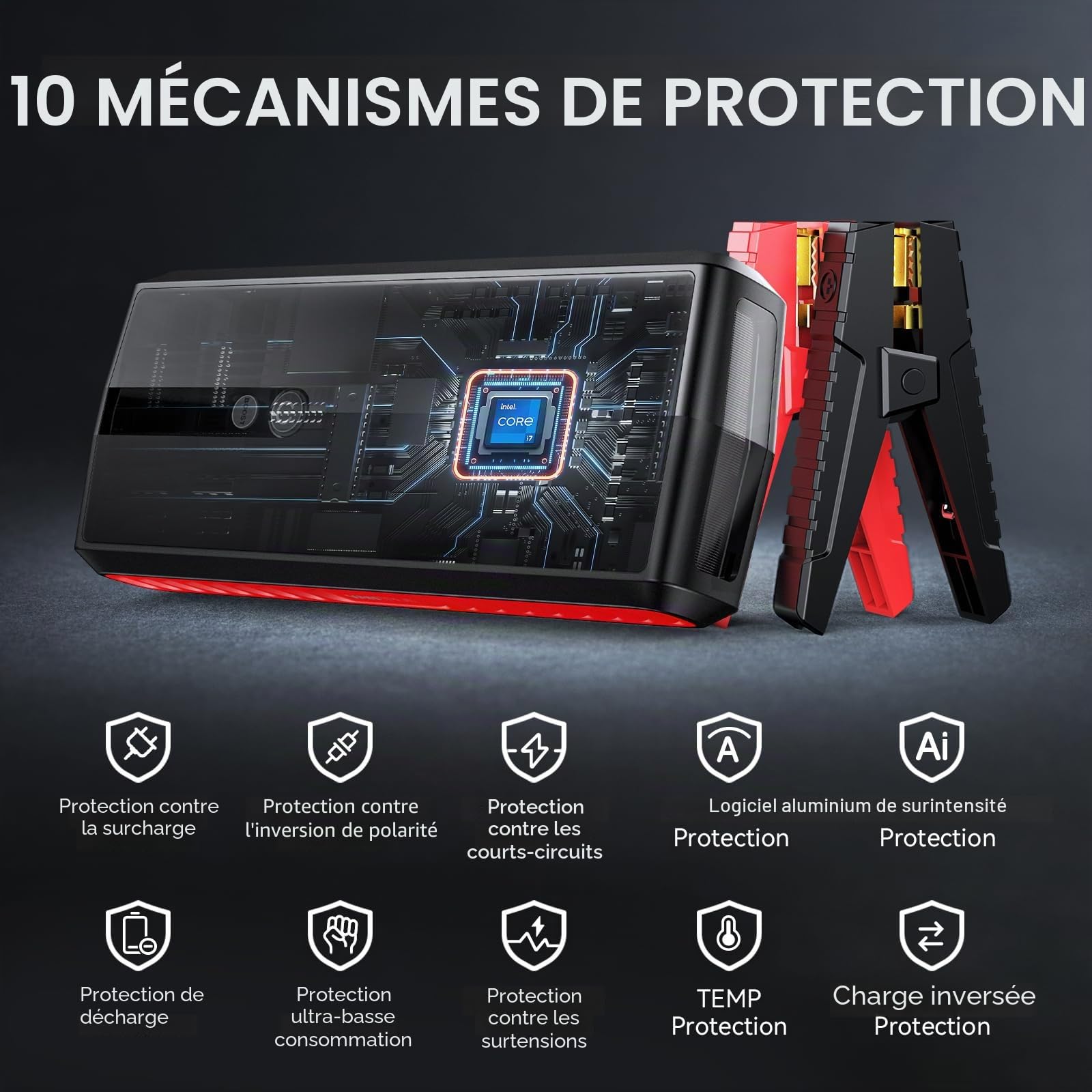 VANTRUE Bloc d'alimentation JS1, courant de crête 3000 A, 20 000 mAh, démarreur de voiture 12 V, écran LED et éclairage d'urgence, câble de batterie, gaz 7,5 l/diesel 6 L, charge rapide PD 65 W