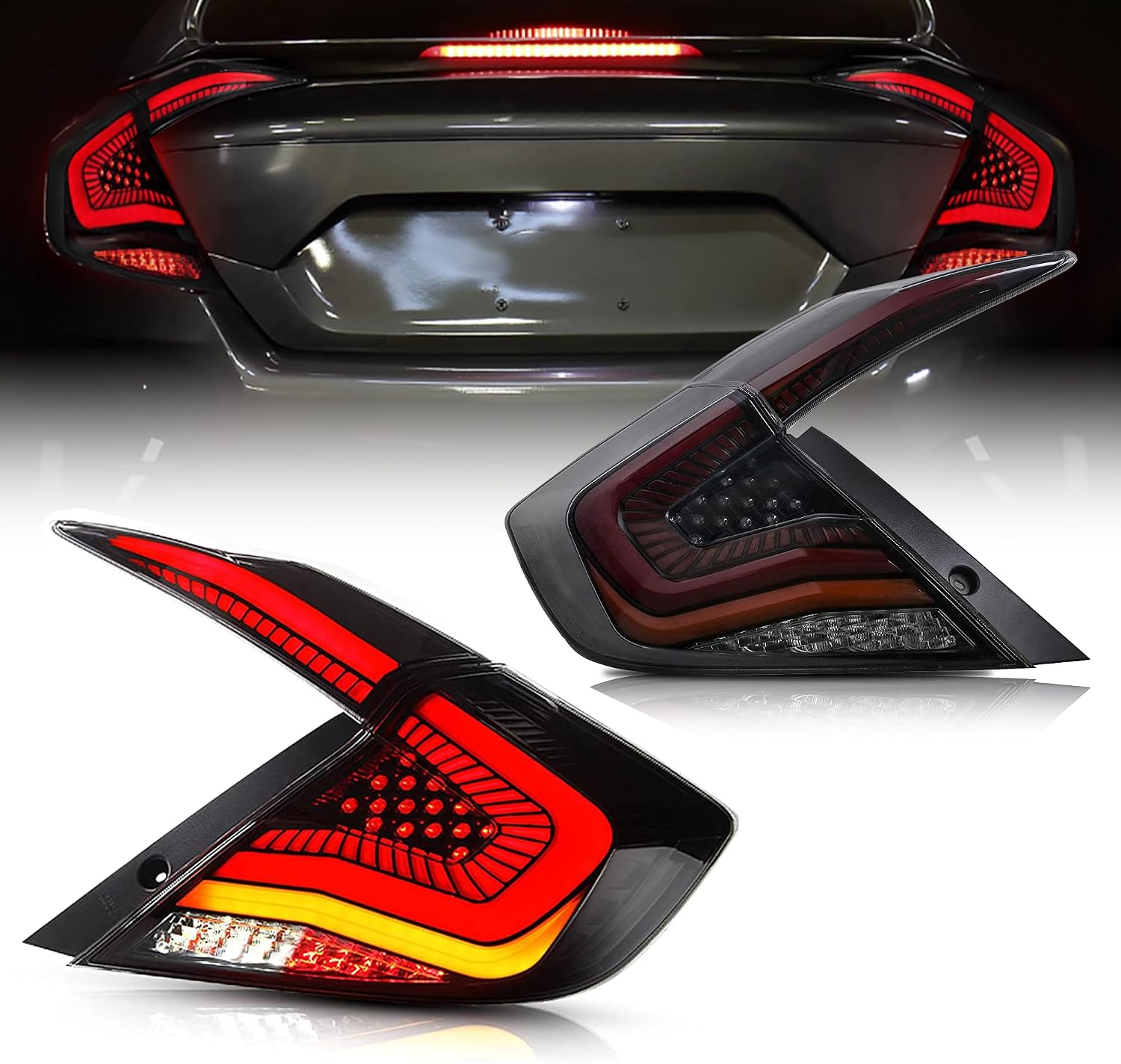 letsdate Rear Replacement Tail Lights Compatible For 10th Gen Civic 2016-2021 Sedan with Breathing Animation DRL w/Amber Sequential Turn Signal, Starry Smoked