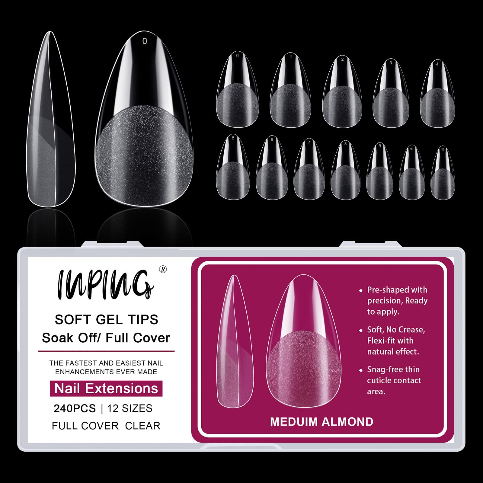 Soft Gel Full Cover Nail Tips, 240PCS Medium Almond Clear Pre-Buff Break Resistant Acrylic False Half Full Cover Nail Tips Extensions for Women Home DIY Manicure Nail Salons, 12 SIZES