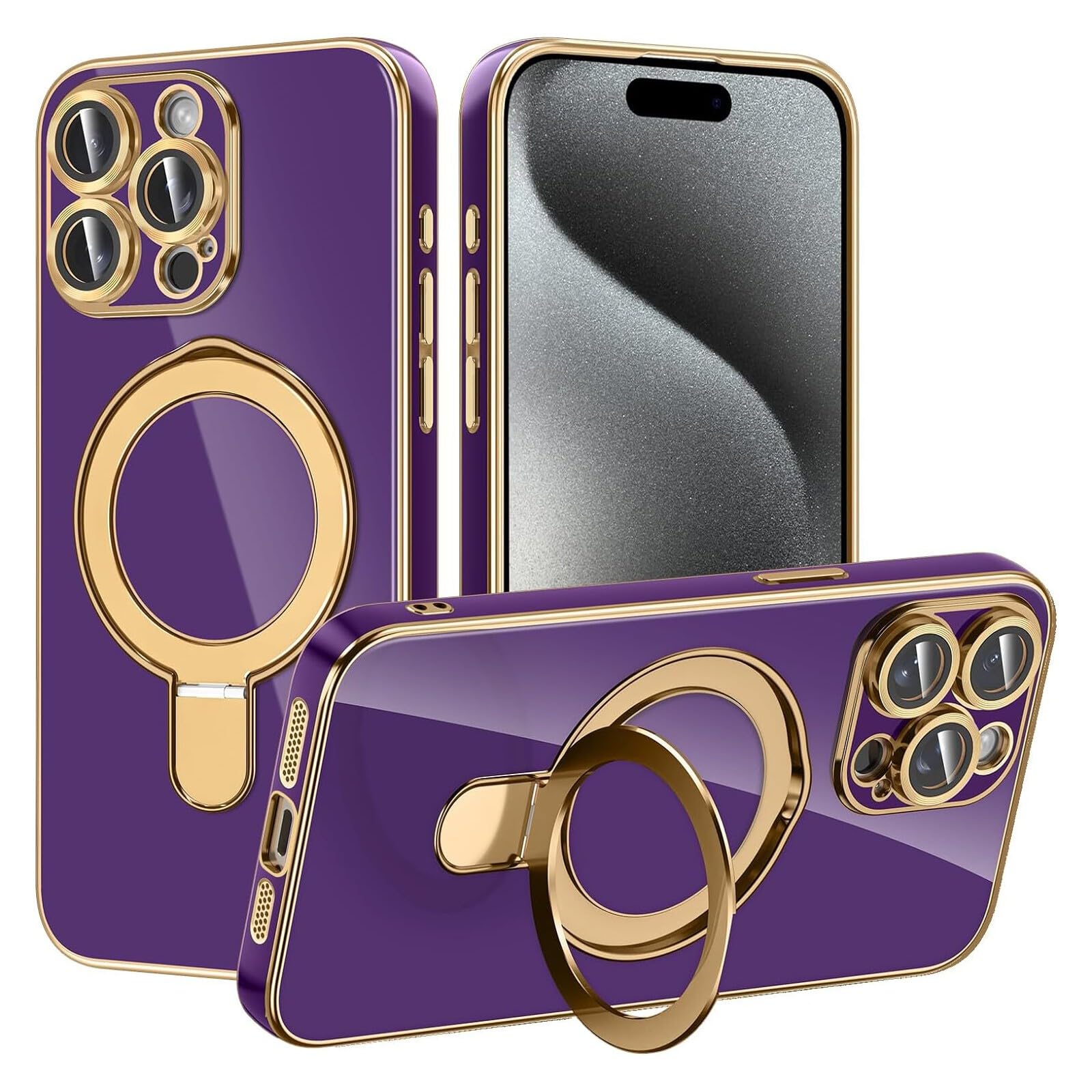 Coque iPhone 14 Pro Max violet foncé en silicone souple avec anneau support - 6