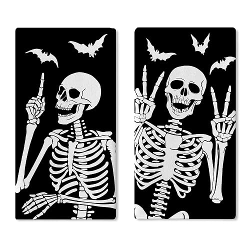 Croar Halloween Gothic Skeleton Kitchen Dish Towels Set of 2, Skull Fingertip Drying Hand Towel Baking Cooking Cloth, Funny Bats Bathroom Home Decoration 18 x 26 Inches - Skeleton