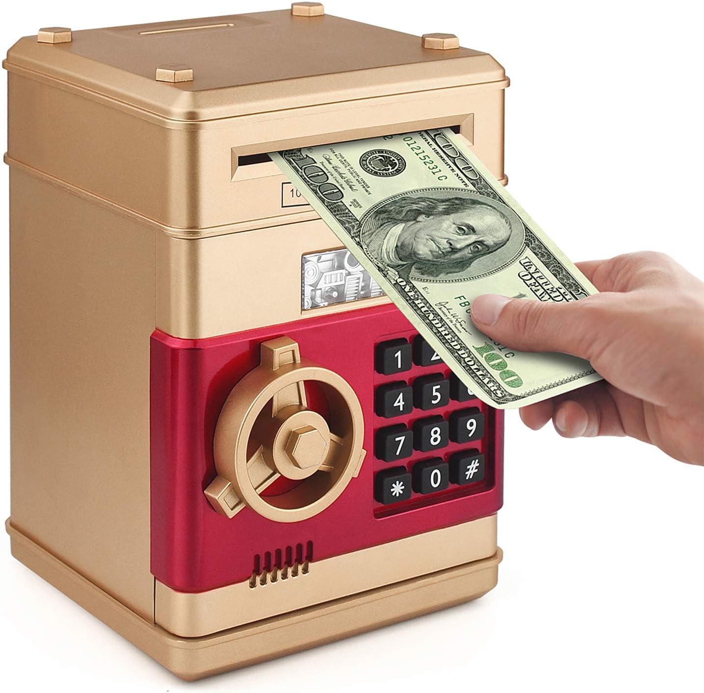 Piggy Bank, Electronic ATM Password Cash Coin Can Auto Scroll Paper Money Saving Box Toy Gift for Kids (Gold)