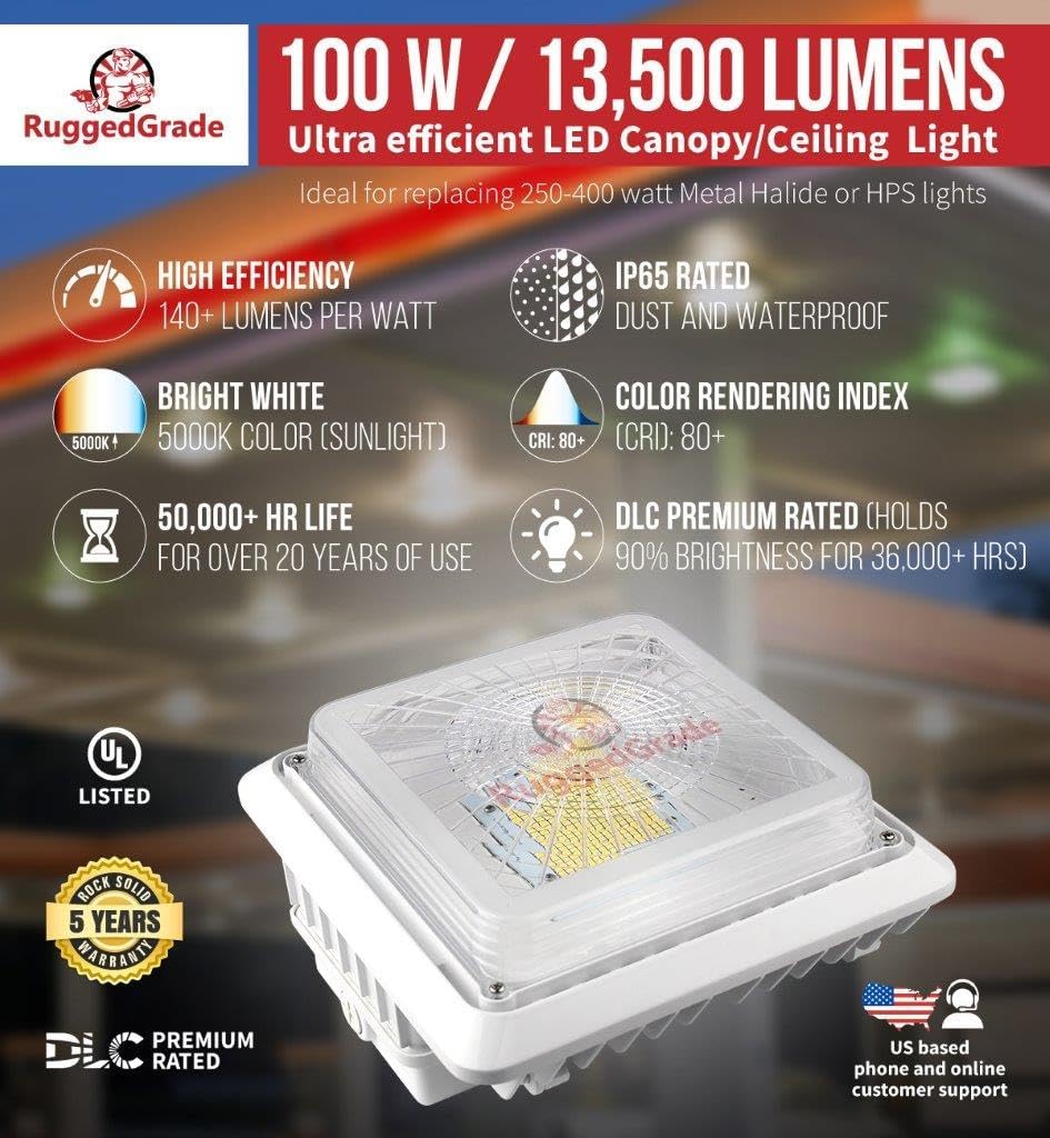RuggedGrade 100W LED Canopy Light - Polaris II Series - 13,500 Lumens - Ultra Efficient 135 LM/W - Ceiling, Gas Station, Retail, Parking Garage Light - 5000K Bright White - DLC 5.1 Premium