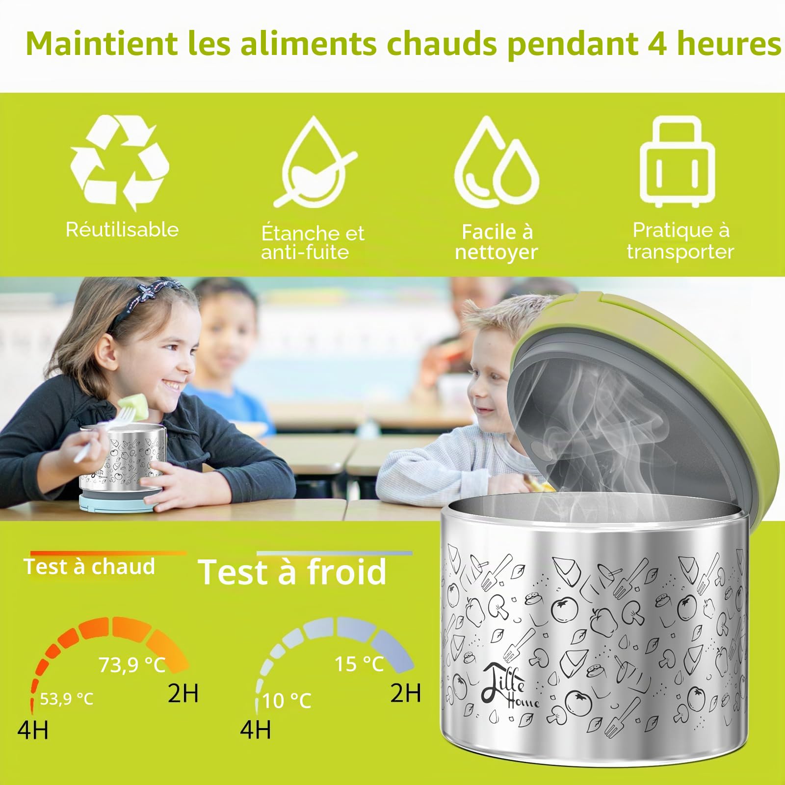 Lille Home Lunch Box Set 1065ml, Boîte à Bento/Snack Isotherme sous Vide pour Garder Les Aliments Au Chaud, avec 2 Récipients Alimentaires, Sac à Lunch, Ensemble de Couverts (Vert)